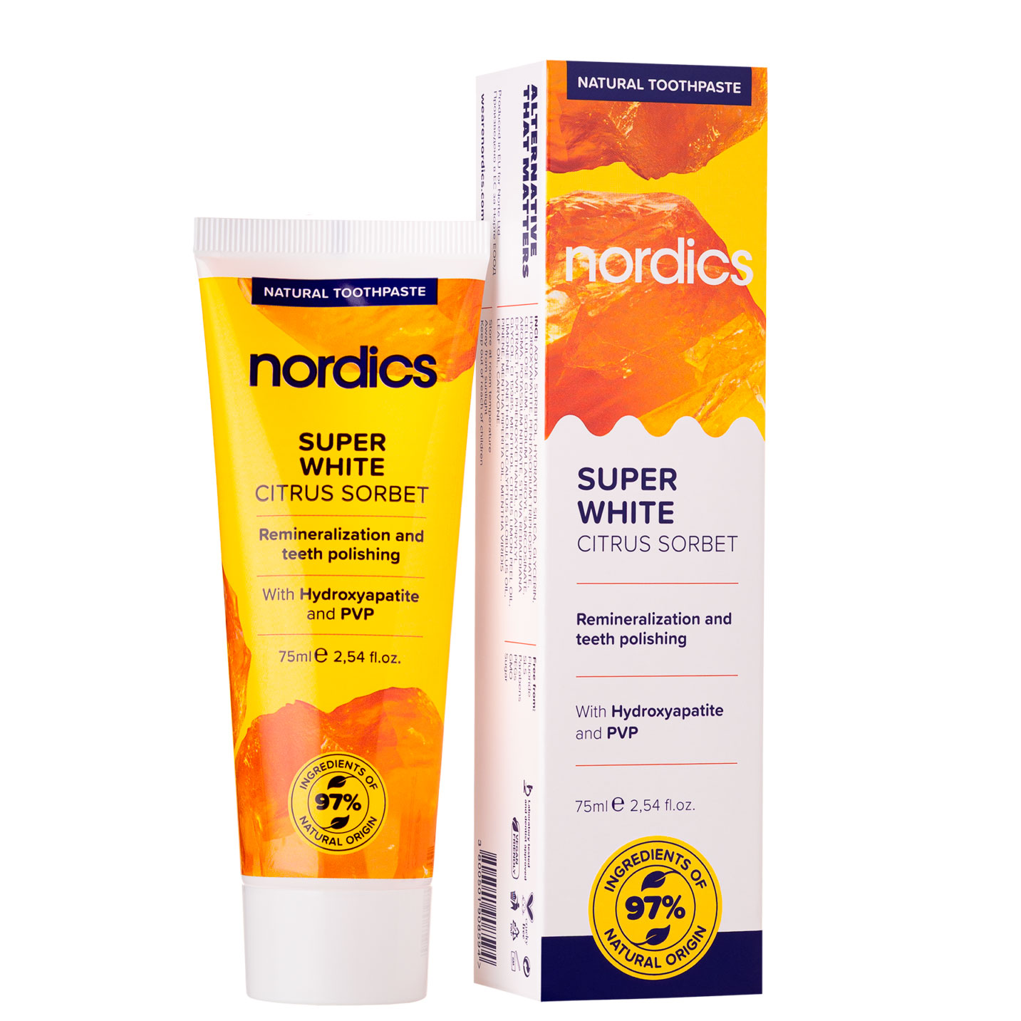 Natürliche Hydroxylapatit-Zahnpasta NORDICS Super White Citrus Sorbet 75 ml