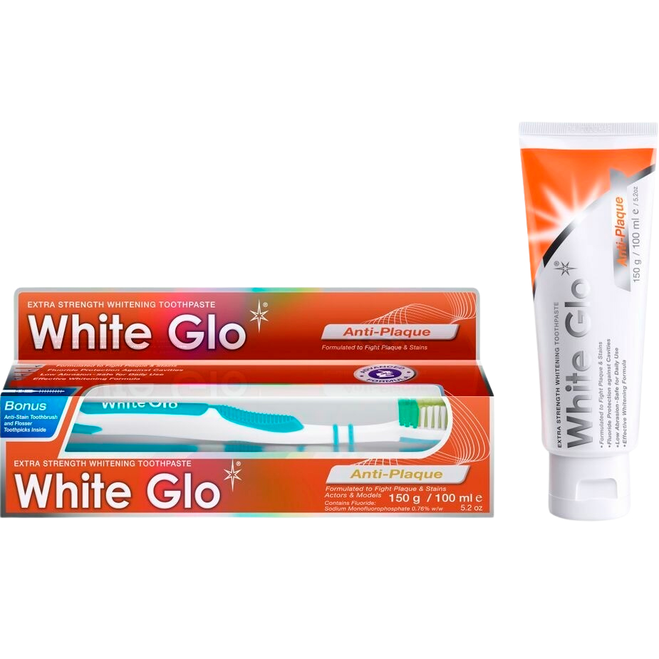Tandblegning Tandpasta WHITE GLO Anti Plaque 150g + Tandbørste