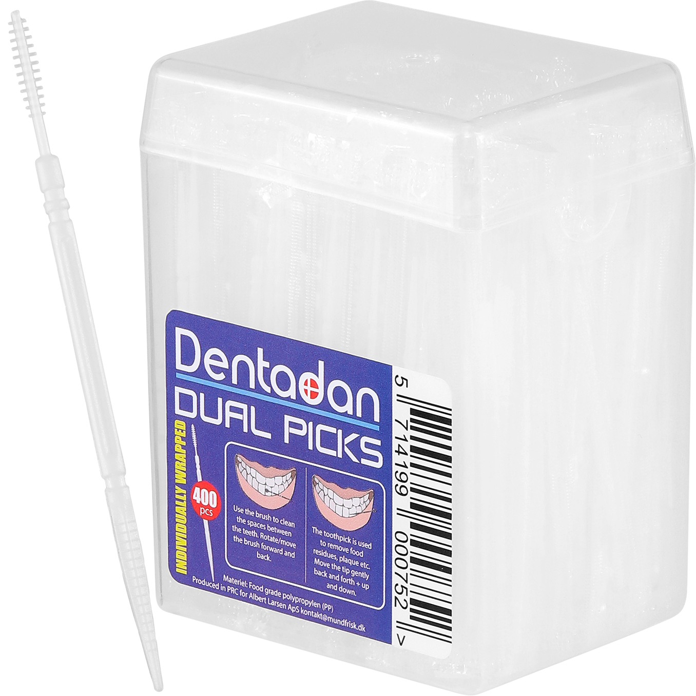 Dentadan Dual Picks 400 stk. Enkeltpakkede Plasttandstik + børste til mellemrum - Dentadan Tandtråd / Tandstikker - Tandtråd / Tandstikker / Flosser