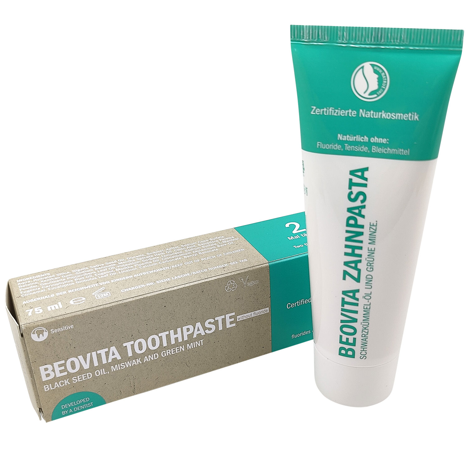 Xylitol Zahnpasta BEOVITA 75 ml. - Natürliche Pflege mit Schwarzkümmelöl, Miswak und grüner Minze