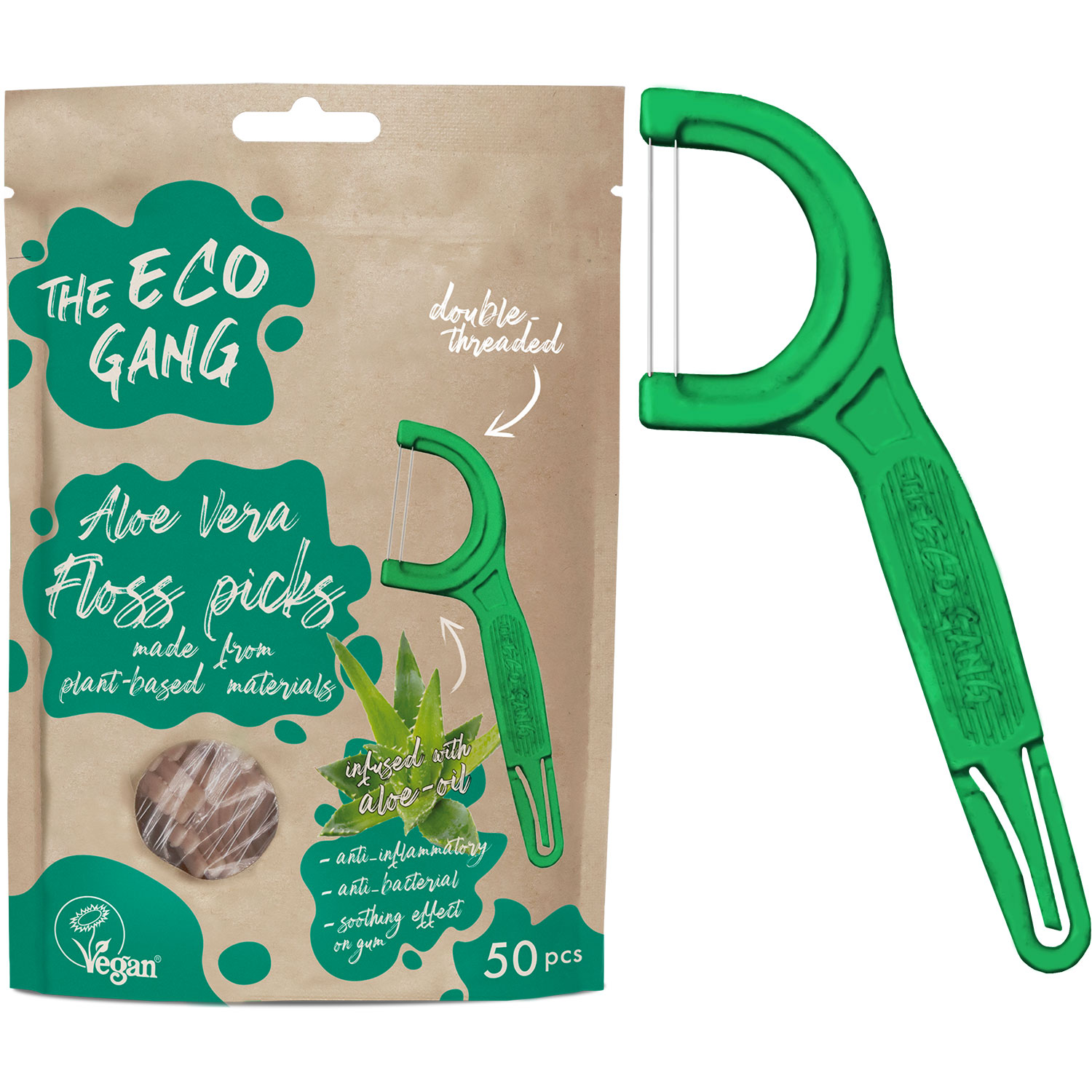 Zahnseide ohne PFAS The Eco Gang ALOE VERA Floss Picks The Double Council