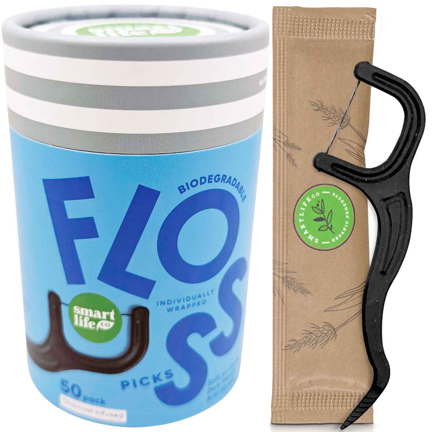 Nachhaltige Zahnseide-Clips verpackt SmartLifEco Charcoal Mint 50 Stk.