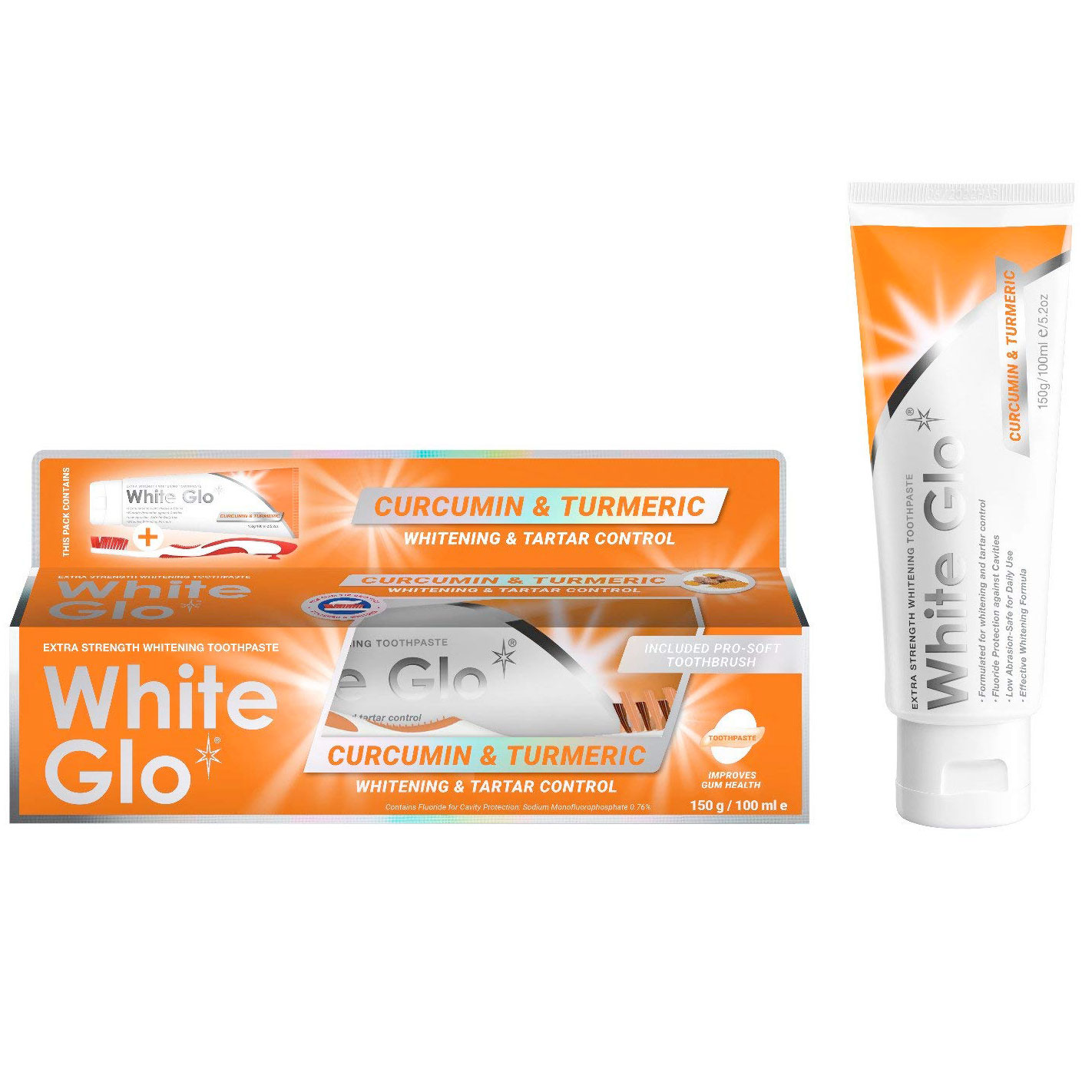 Zahnaufhellende Zahnpasta + Zahnbürste WHITE GLO Curcumin & Kurkuma