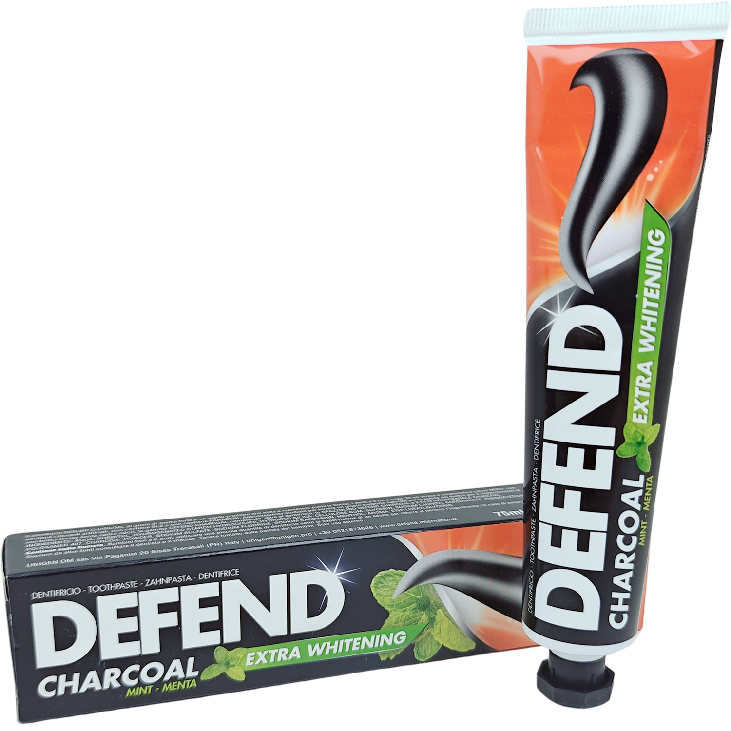 Aktivkohle-Zahnpasta DEFEND Extra Whitening Mint 75 ml.