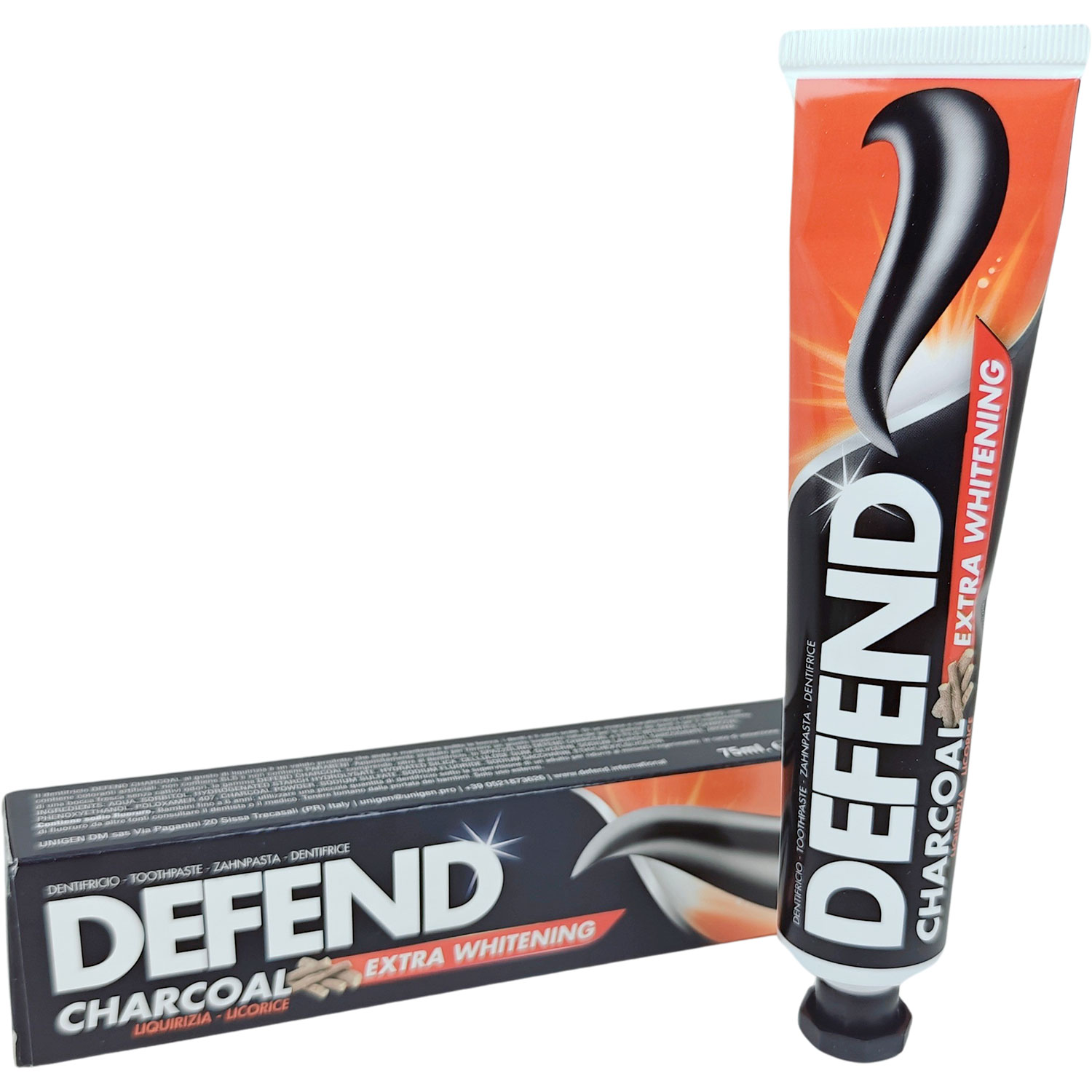 Holzkohle-Zahnpasta DEFEND Extra Whitening Licorice 75 ml.