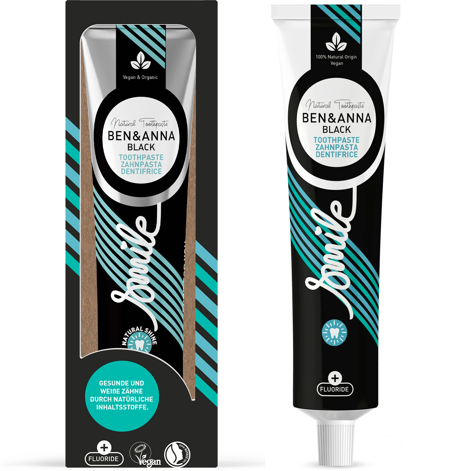 Natürliche Whitening Zahnpasta BEN & ANNA Black Charcoal Fluorine 75 ml.