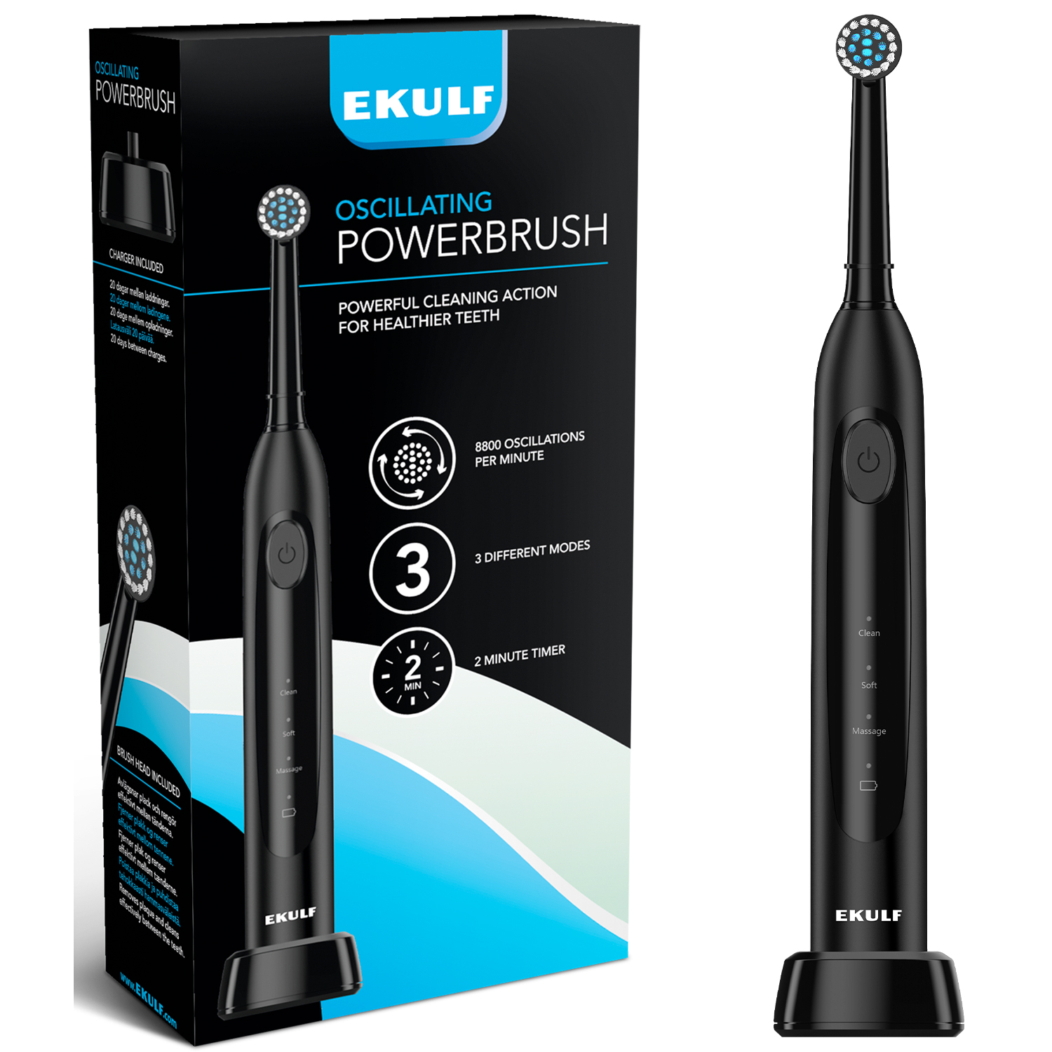 Ekulf PowerBrush Oscillating Elektrisk Tandbørste Black