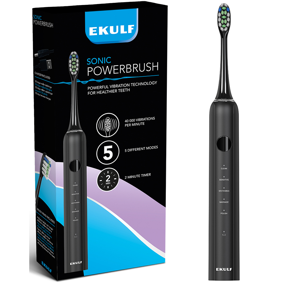 Ekulf PowerBrush SONIC Elektrisk Tandbørste Black