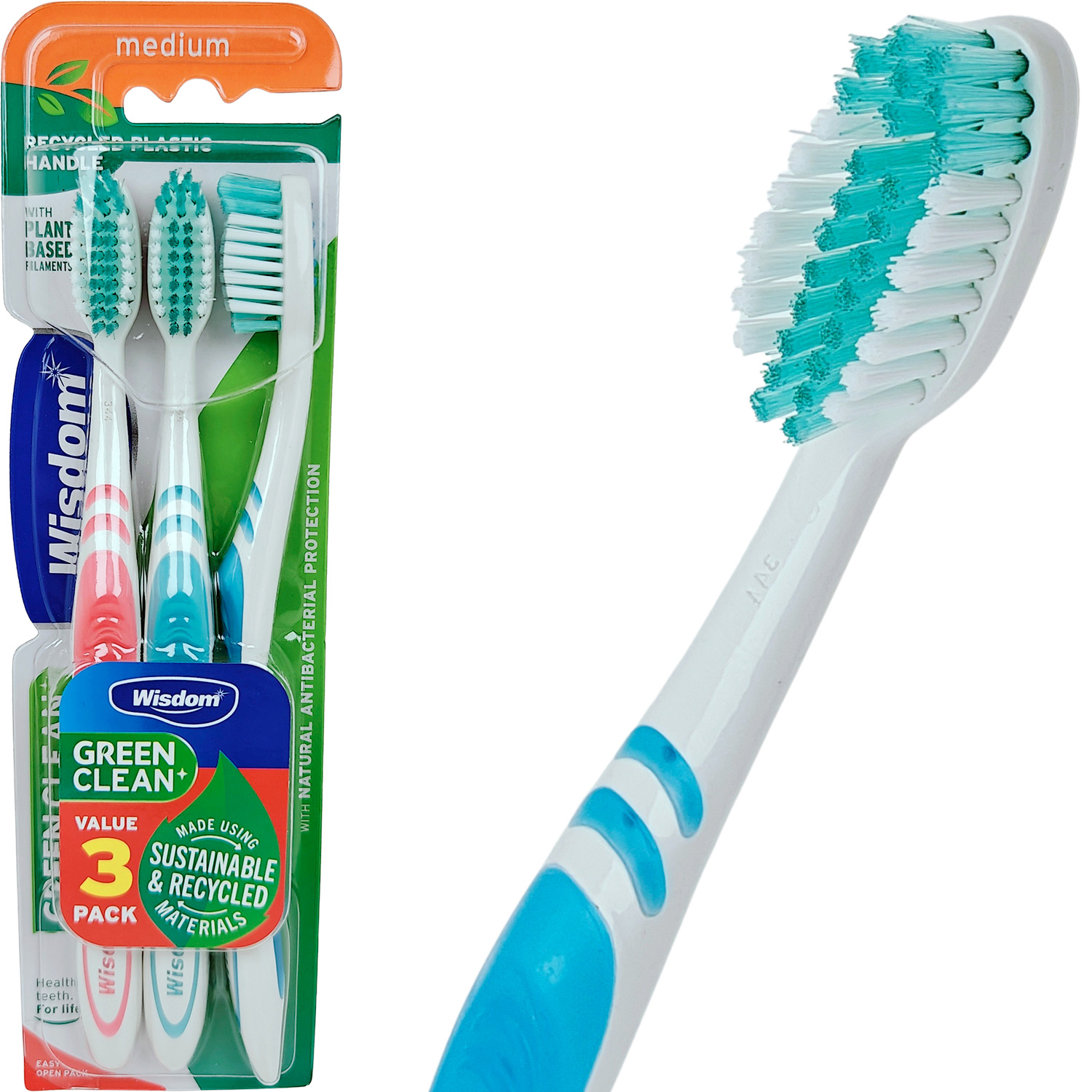 Umweltfreundliche Zahnbürsten 3 Stk. Wisdom Green Clean Medium