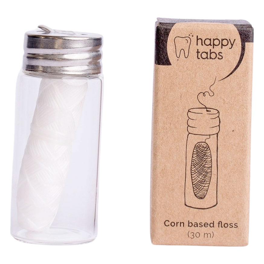 Nachhaltige Zahnseide Happy Tabs 30 mtr. + Glasspender