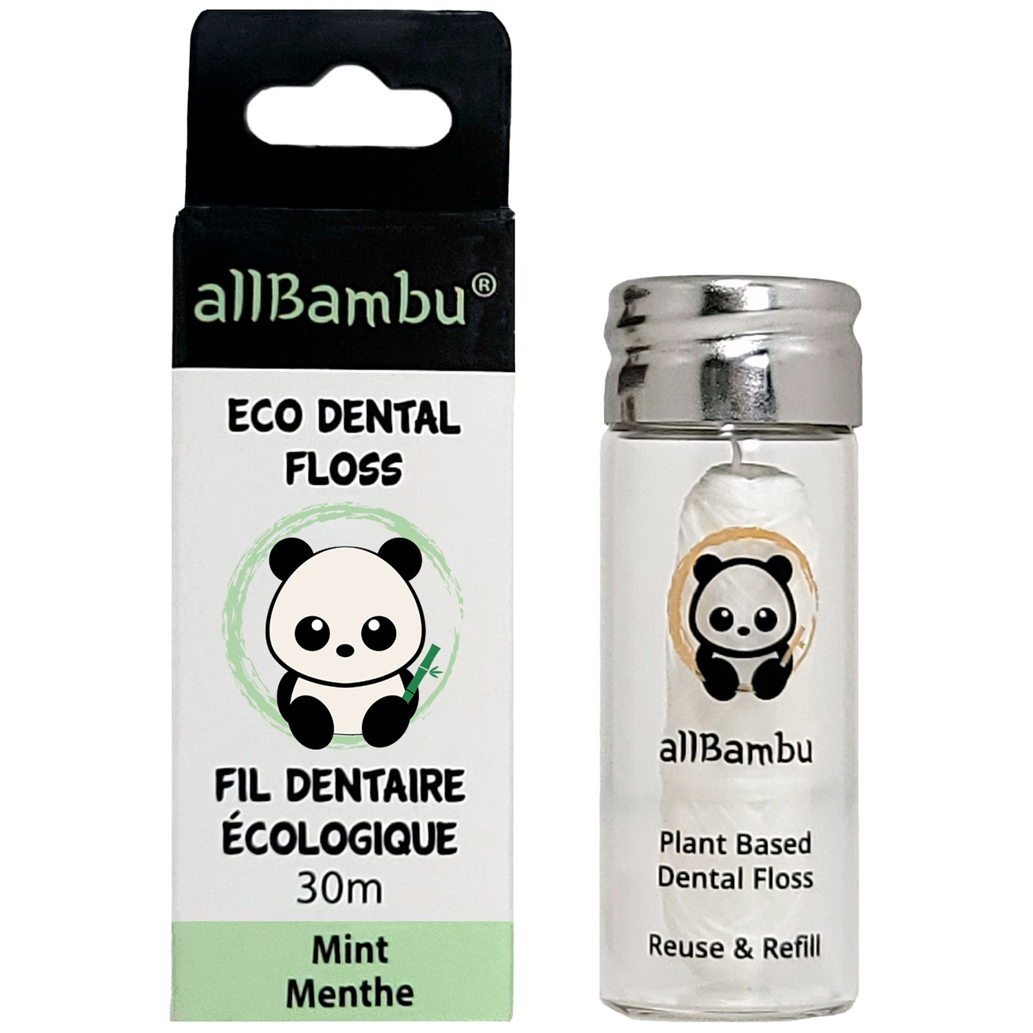 Nachhaltige Zahnseide AllBambu Mint 30 mtr. + Glasspender
