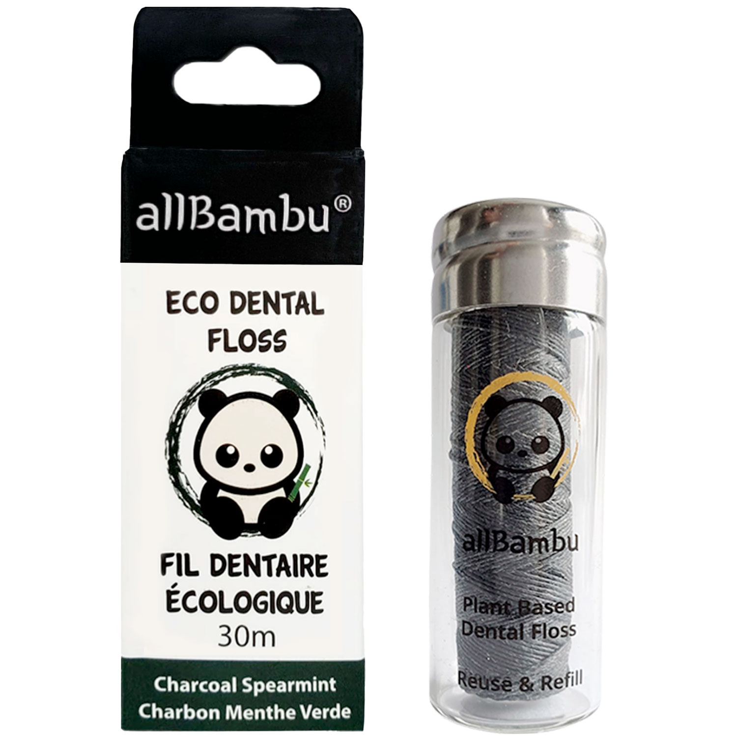 Nachhaltige Zahnseide AllBambu Charcoal Spearmint 30 mtr. + Glasspender