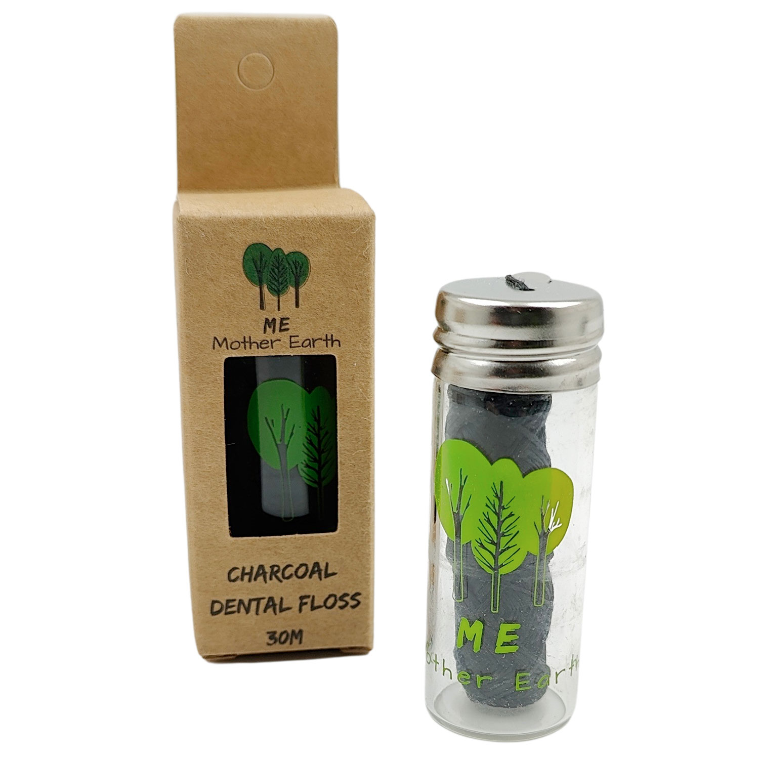 Nachhaltige Zahnseide Me Mother Earth 30 mtr. + Glasspender