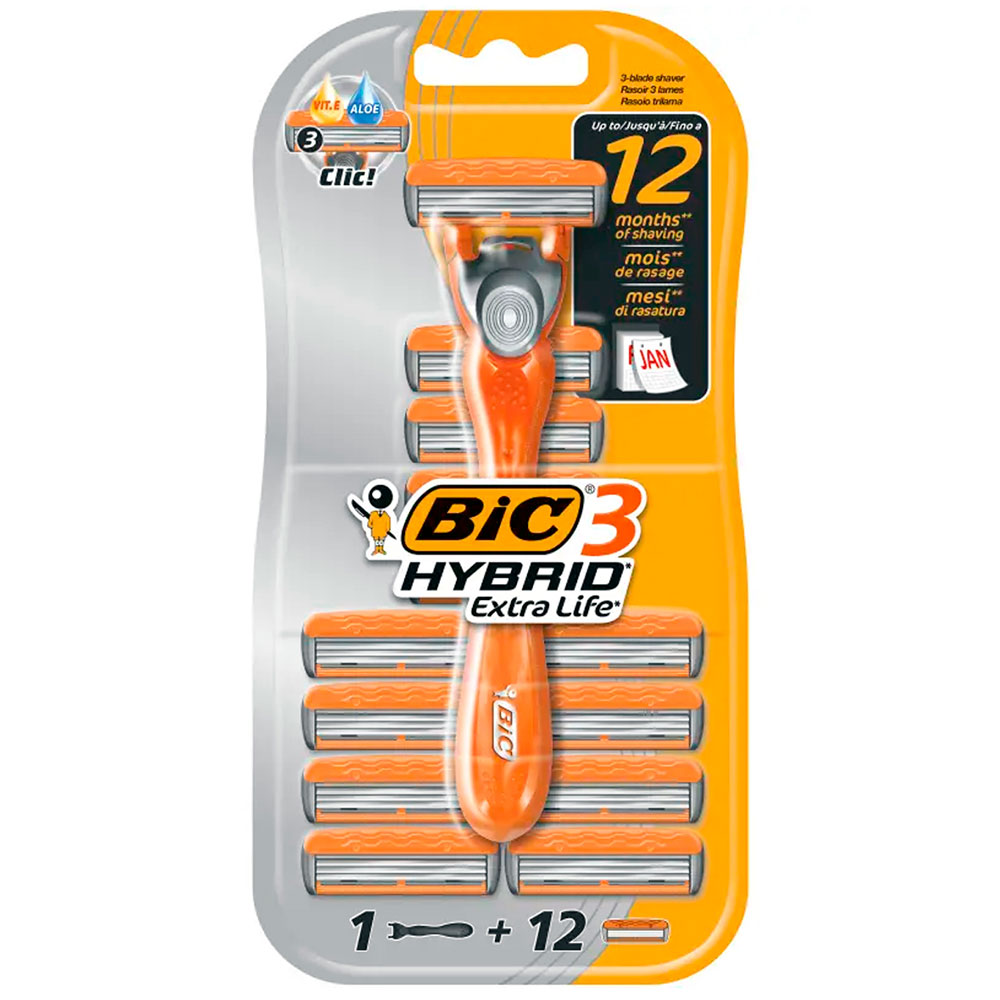 BIC 3 Extra Life Hybrid-Rasierer + 12 Rasierklingen