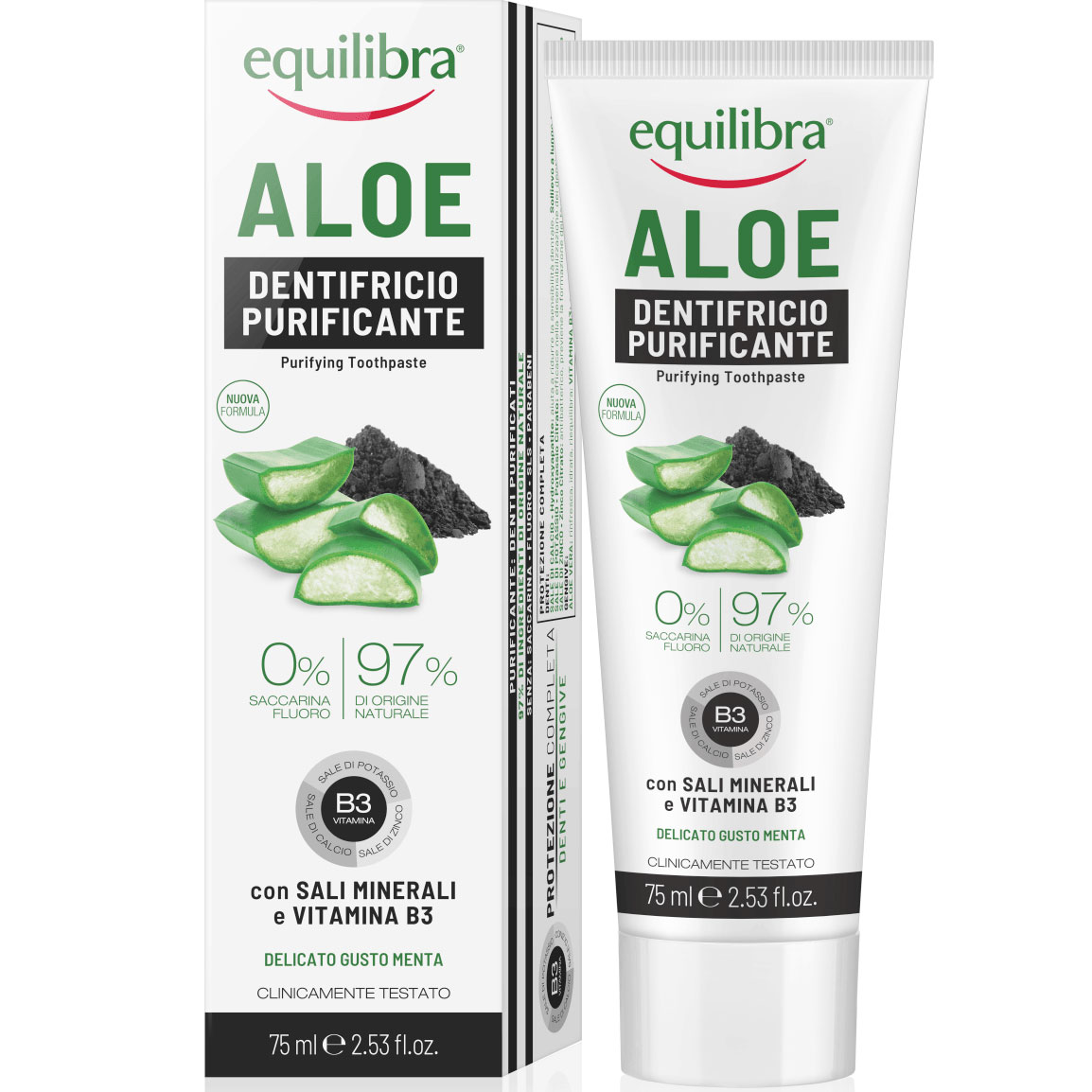 Naturlig Aloe Vera Tandpasta Equilibra CHARCOAL Xylitol 75 ml.
