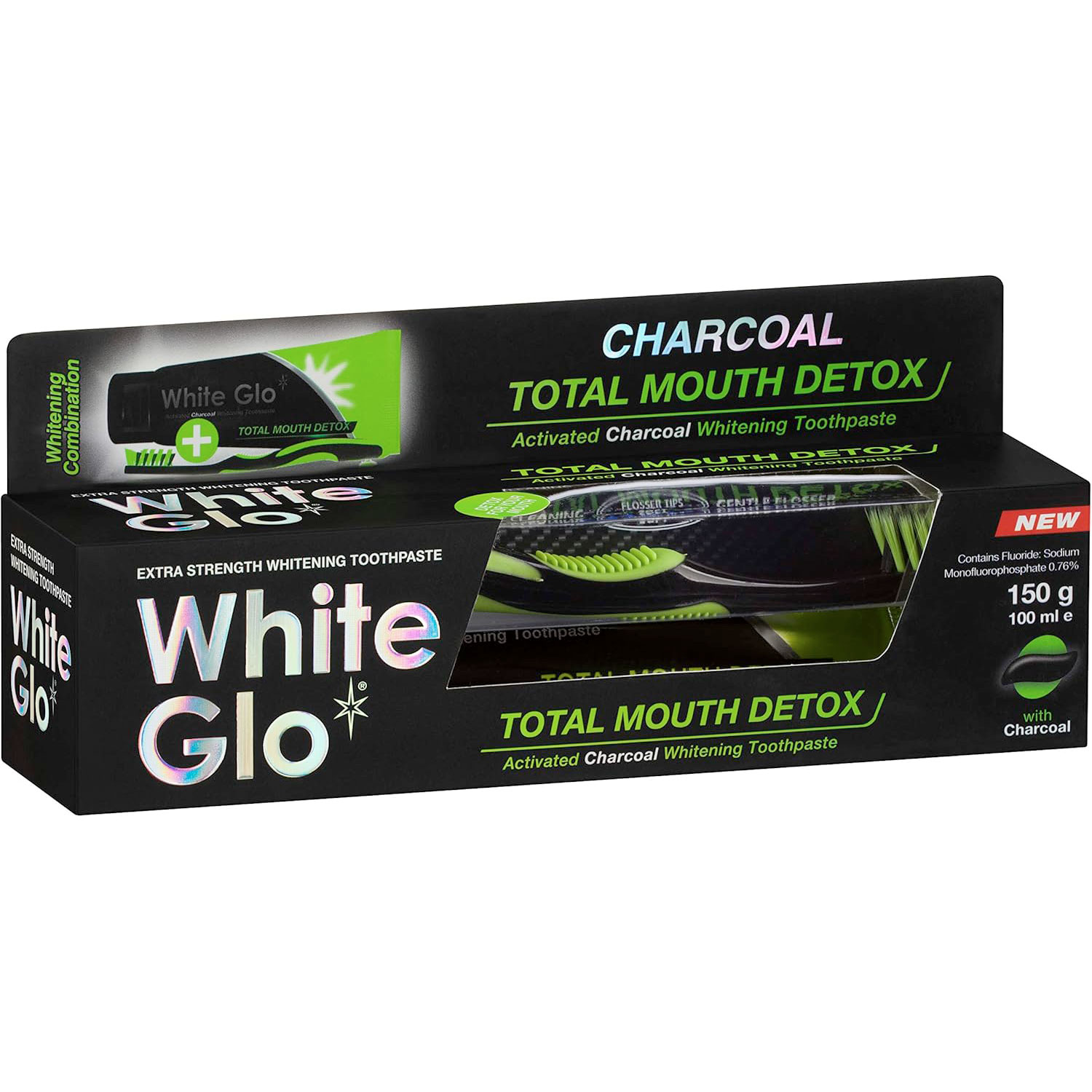Zahnaufhellung Zahnpasta + Zahnbürste White Glo CHARCOAL Total Mouth Detox