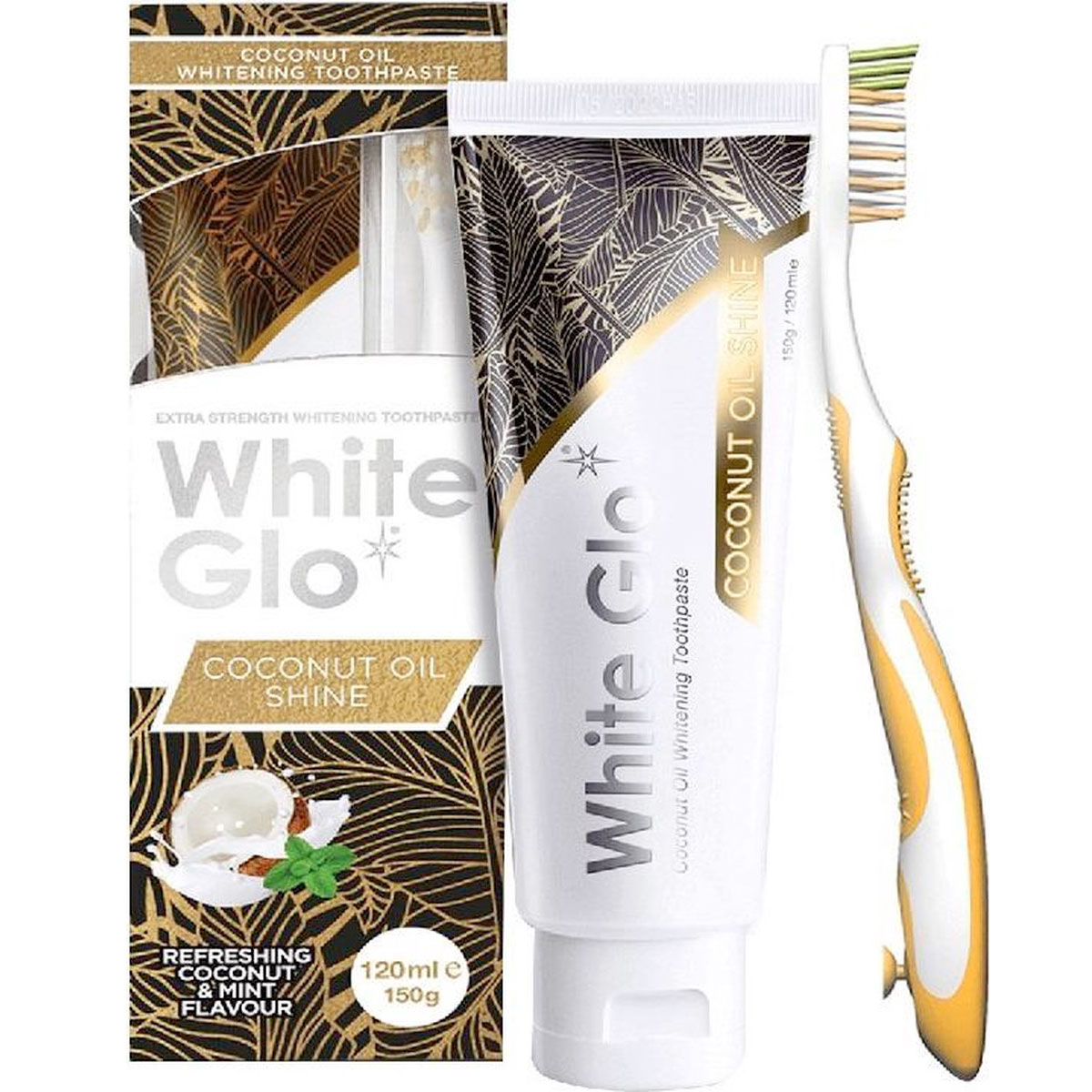 Tandblegning Tandpasta + Tandbørste WHITE GLO Coconut Oile Shine