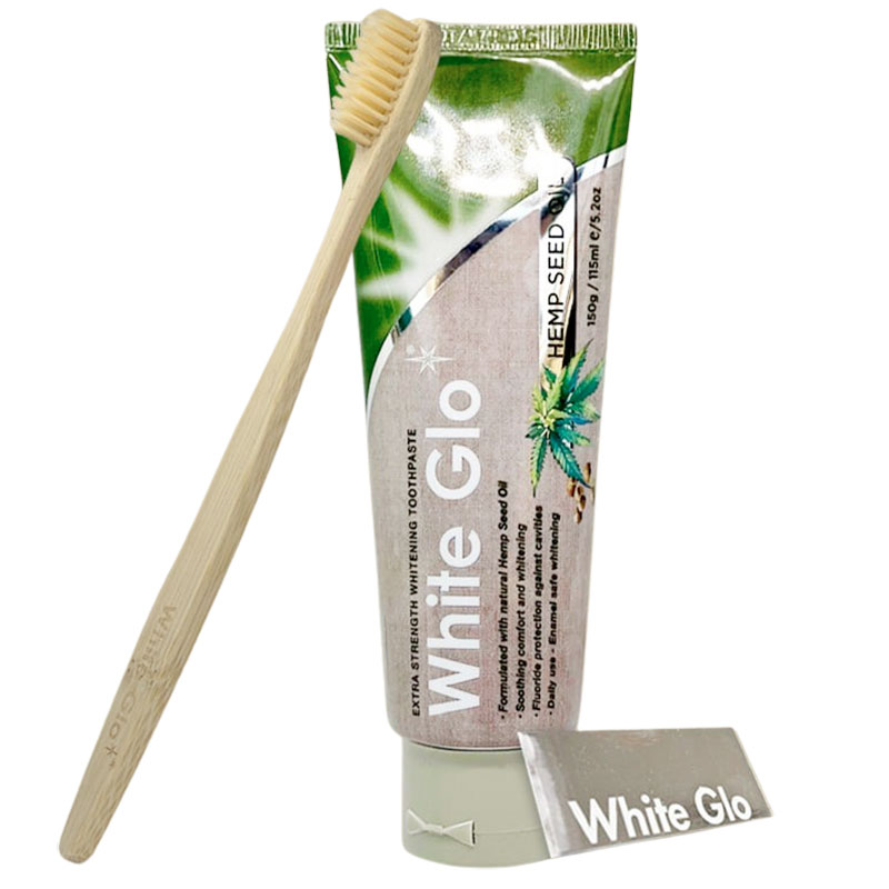Tandblegning Tandpasta + Bambus Tandbørste WHITE GLO Hemp Seed Oil - Tandpasta med CBD