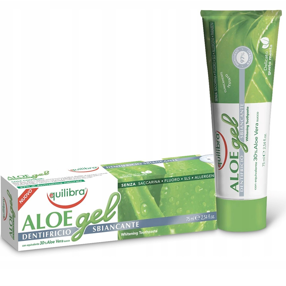 Naturlig Aloe Vera Tandpasta Gel EQUILIBRA WHITENING Xylitol 75 ml.