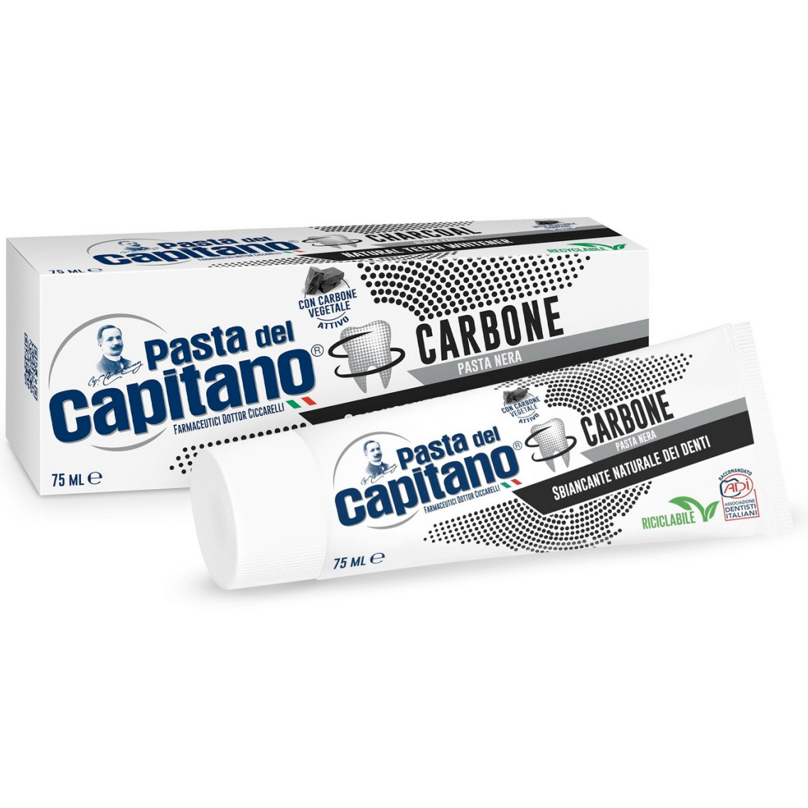 Italienische Zahnpasta Whitening PASTA del Capitano Holzkohle 75 ml.