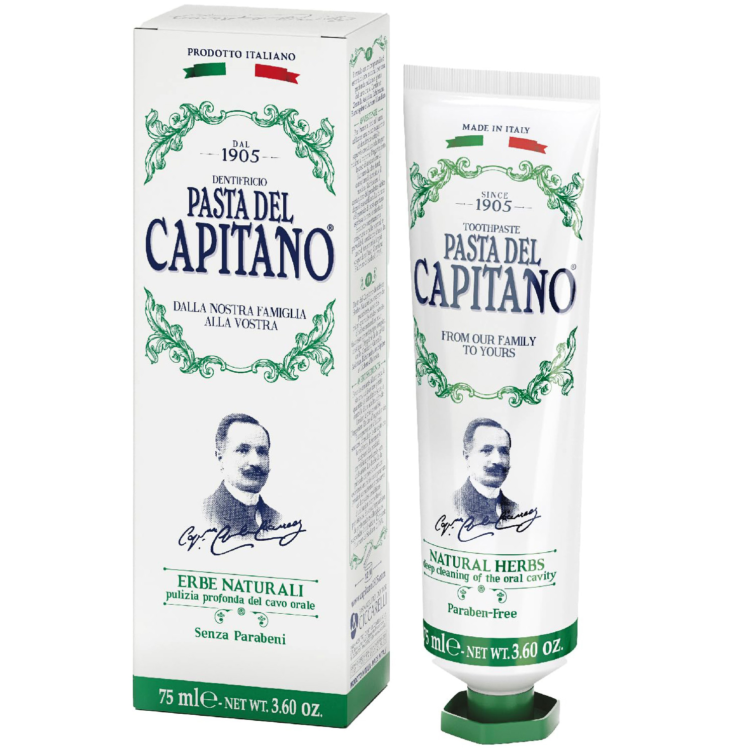 Italiensk Herbal Tandpasta PASTA DEL CAPITANO Natural Herbs & Xylitol 75 ml.