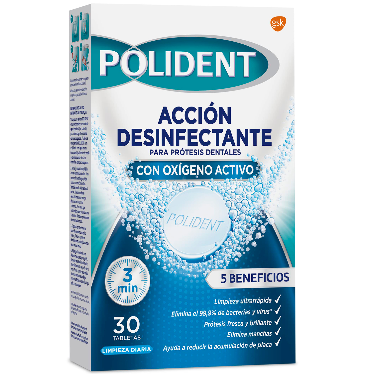 Reinigungstabletten für Prothesen POLIDENT Original 3 Minuten 30 Stk.