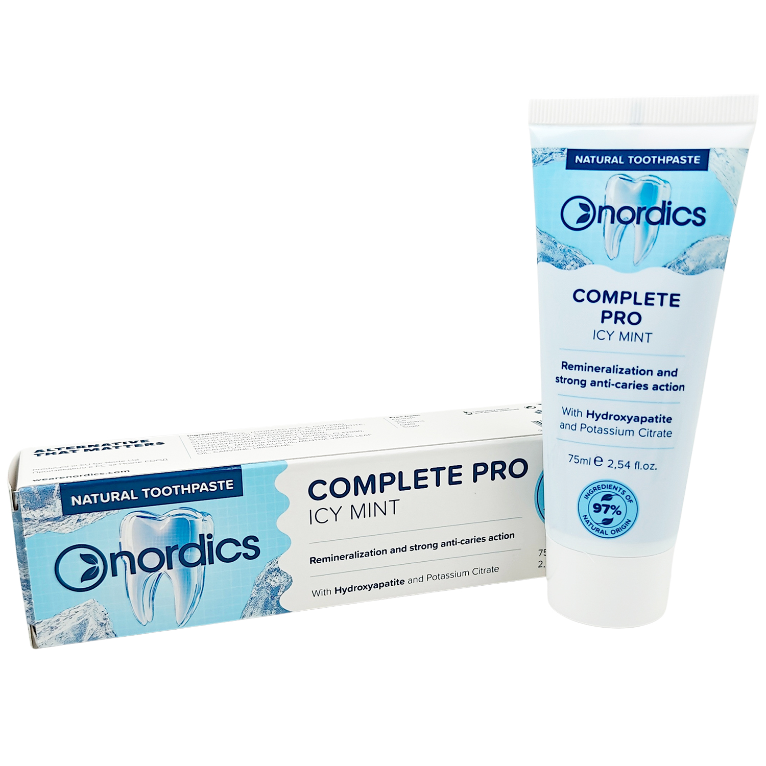 Natürliche Hydroxyapatite Zahnpasta NORDICS Complete Pro Icy Mint 75 ml.