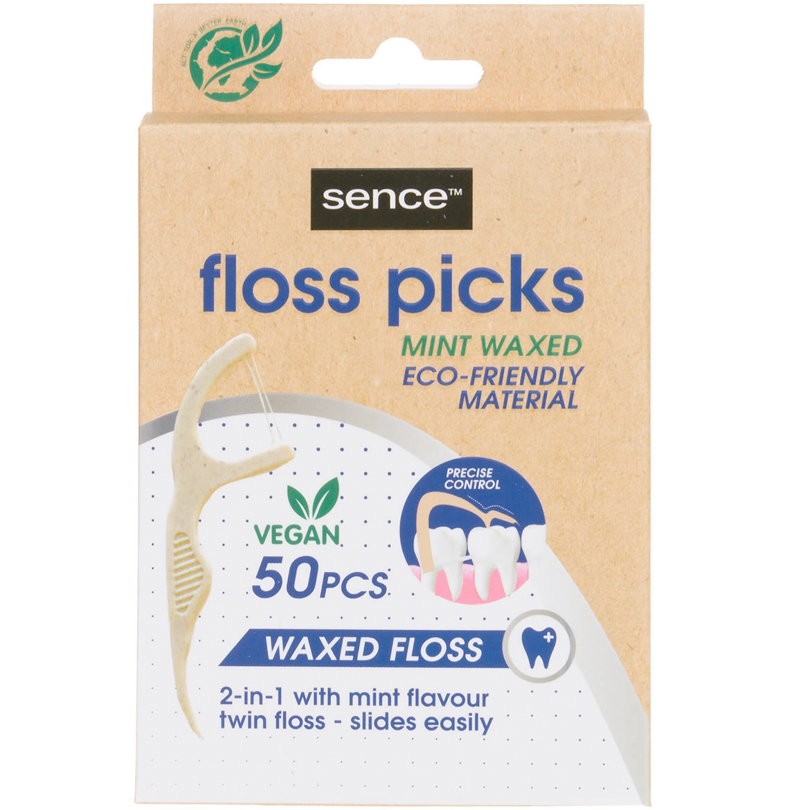 Zahnseide ohne PFAS SENCE Eco Floss Picks Waxed Mint 50 Stk.
