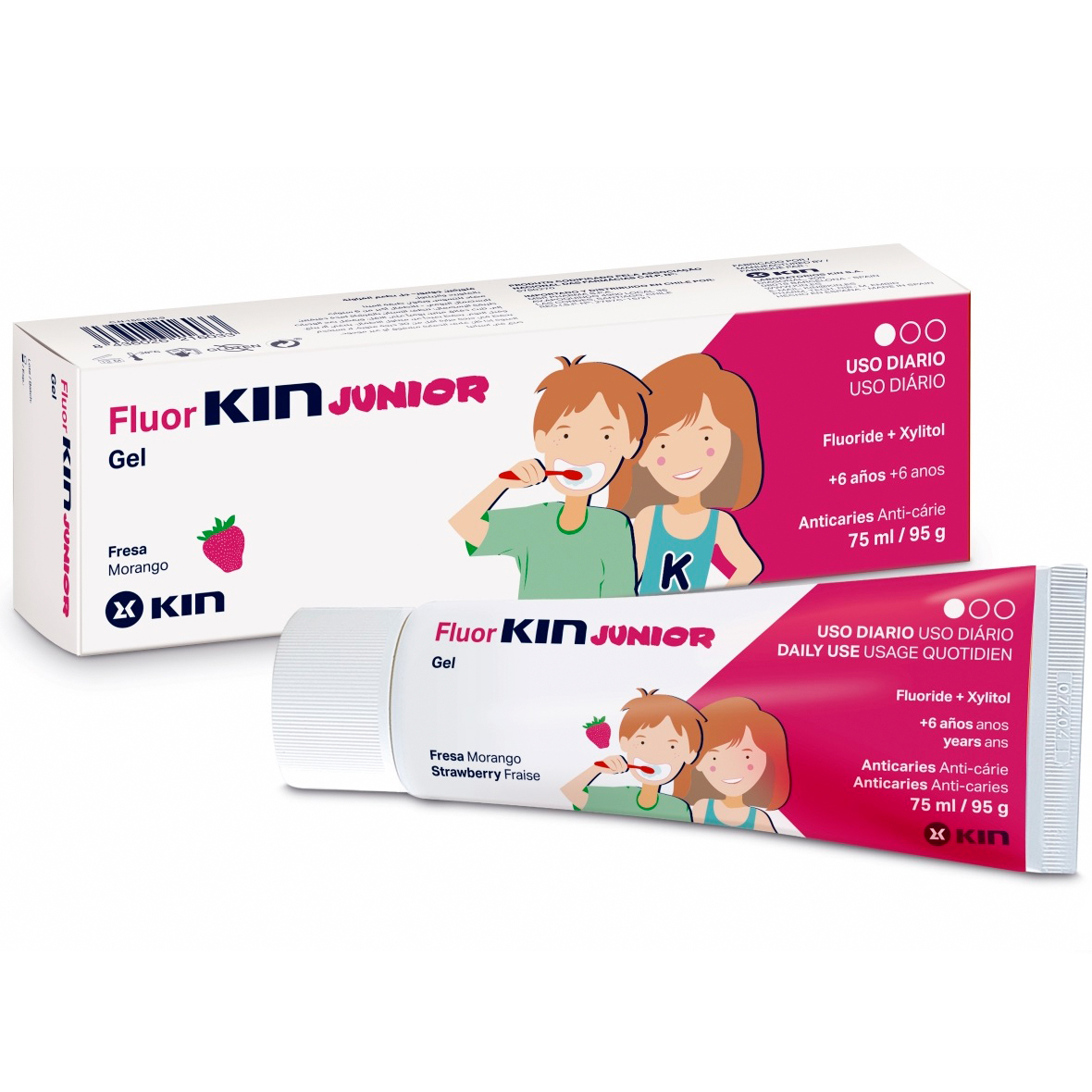 Kinderzahnpasta Gel KIN Junior Fluoride + Xylitol Strawberry 50 ml