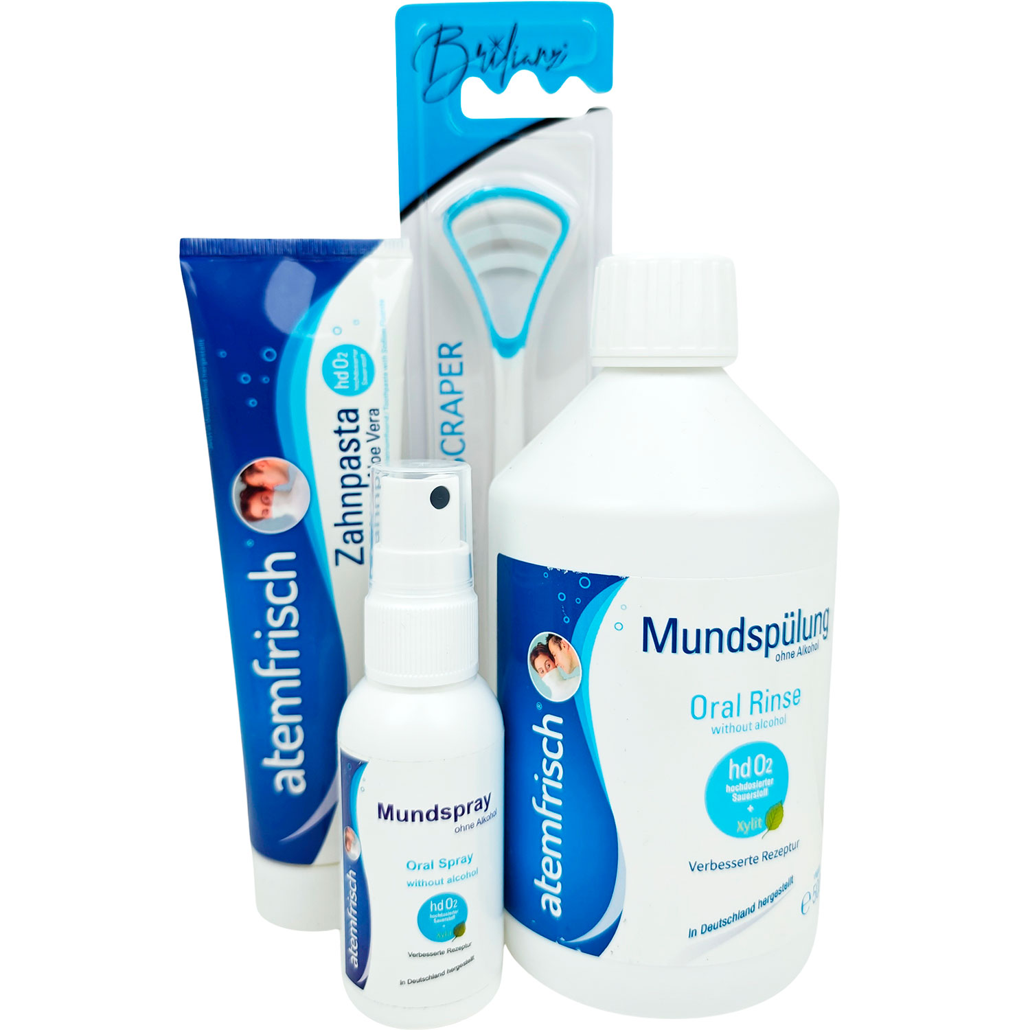 Paketangebot Mundgeruch ATEMFRISCH Mundspülung + Zahnpasta + Mundspray + Zungenreiniger BLAU