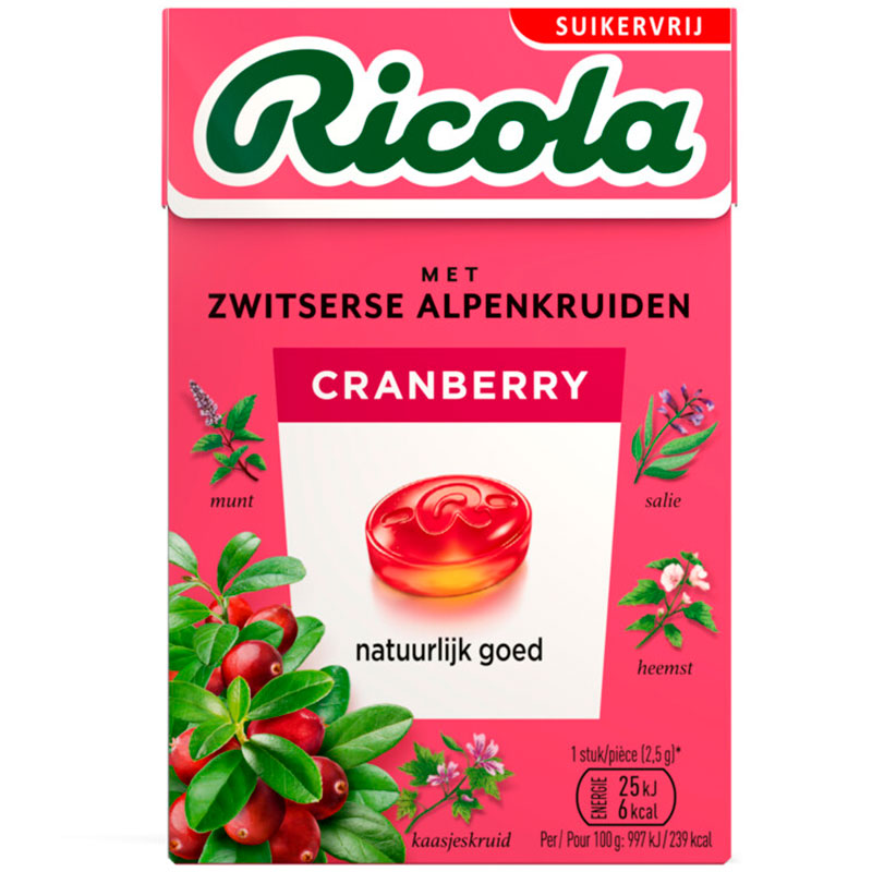 Ricola Cranberry Sukkerfri Urtebolsjer 50g