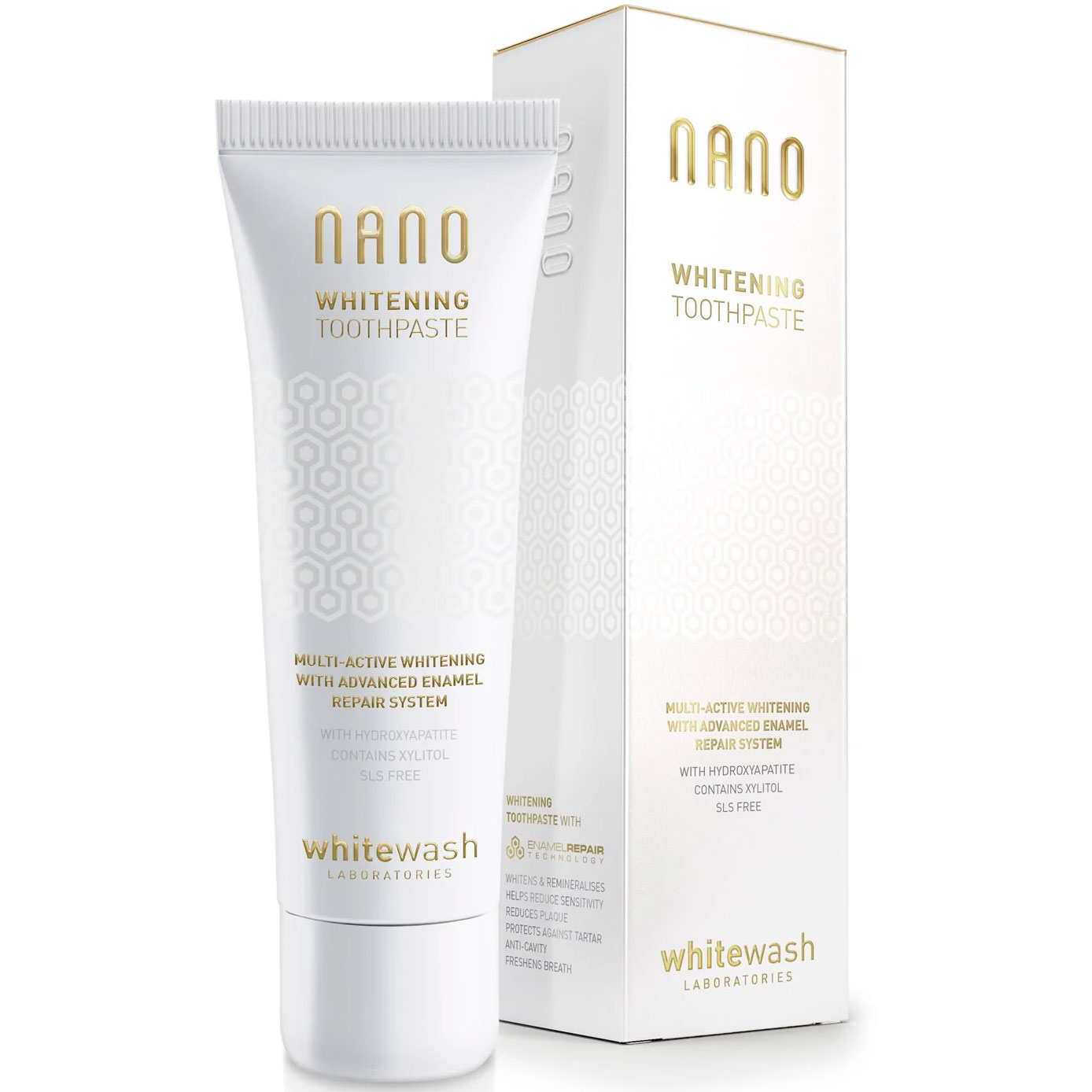 Tandblegning Tandpasta WHITEWASH Nano Multi-Active Whitening Hydroxyapatit & Xylitol 75ml.