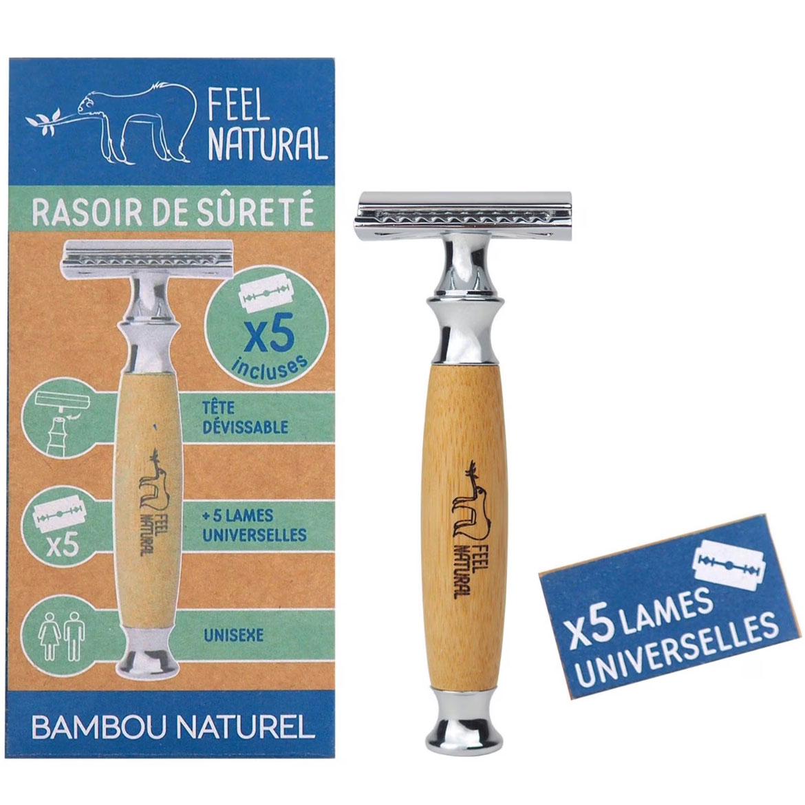 Bambusrasierer FEEL NATURAL inkl. 5 Rasierklingen
