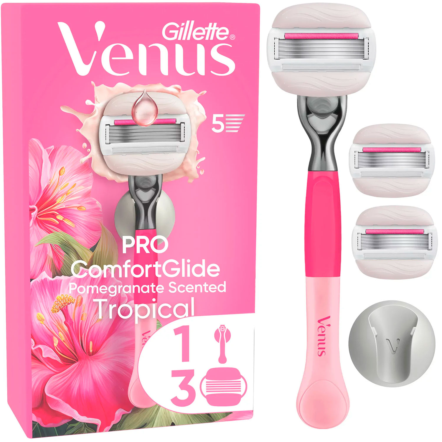 Gillette Venus Pro Comfortglide Tropical Barberskraber inkl. 3 Barberblade + Vægholder