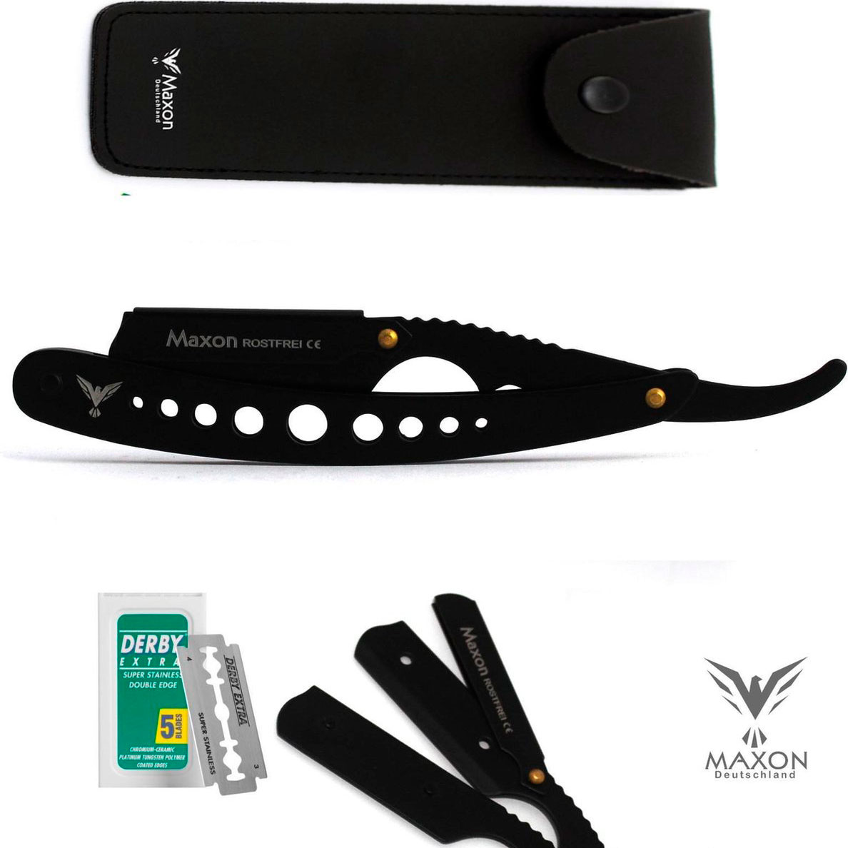 MAXON Deutschland Black Razor + DERBY Rasierklingen + Rasiereretui