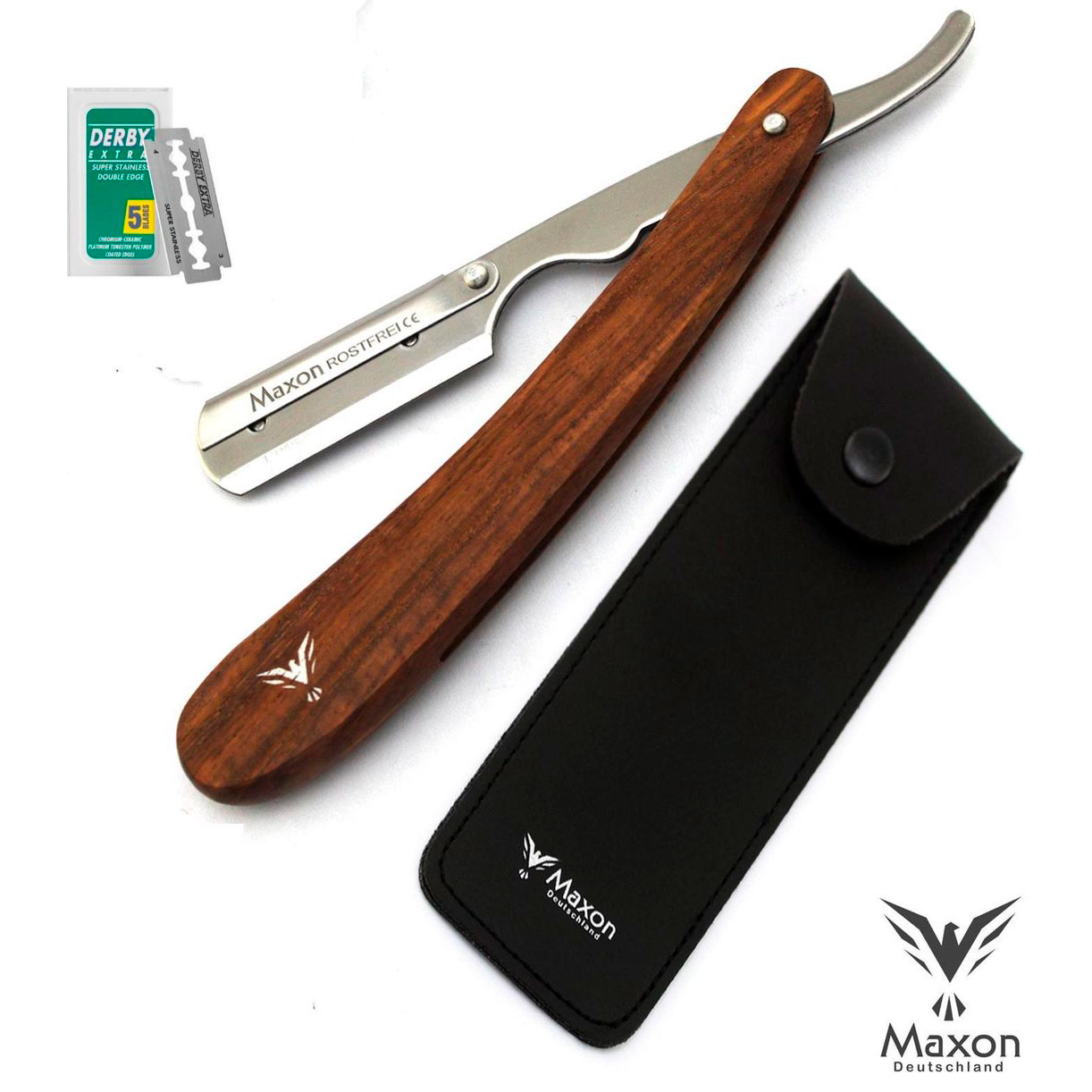 MAXON Deutschland Barberkniv Træhåndtag + DERBY barberblade + etui til barberkniv