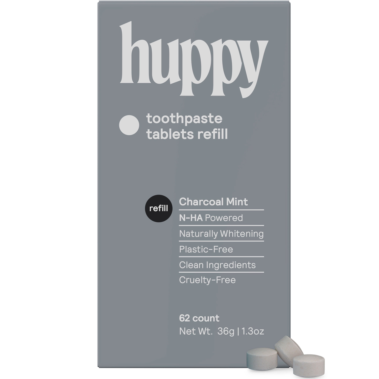 Natürliche Xylitol Zahnpasta-Tabletten HUPPY Hydroxyapatite Charcoal Nachfüllpackung 62 Stk.