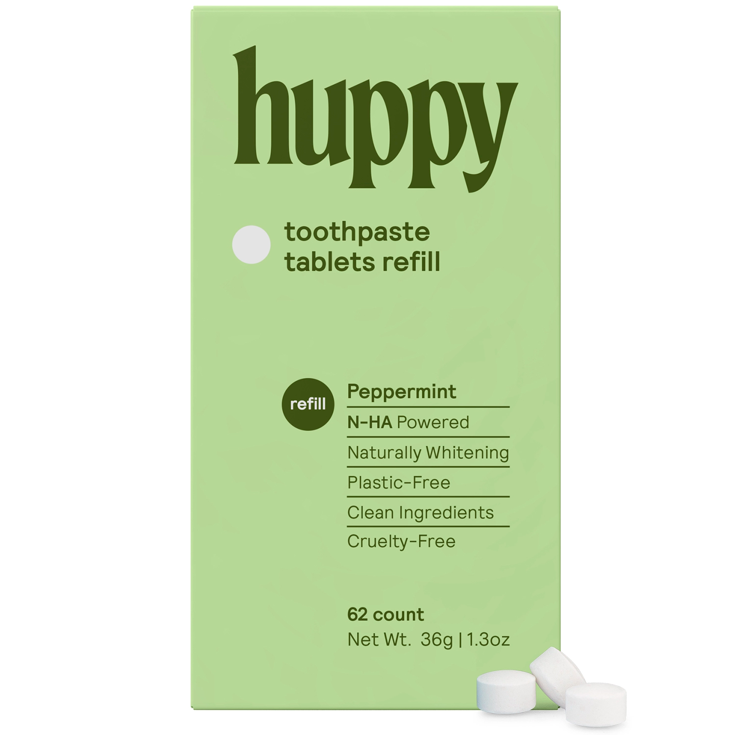 Natürliche Hydroxyapatite Zahnpasta-Tabletten HUPPY Xylitol Peppermint Refill 62 Stk.