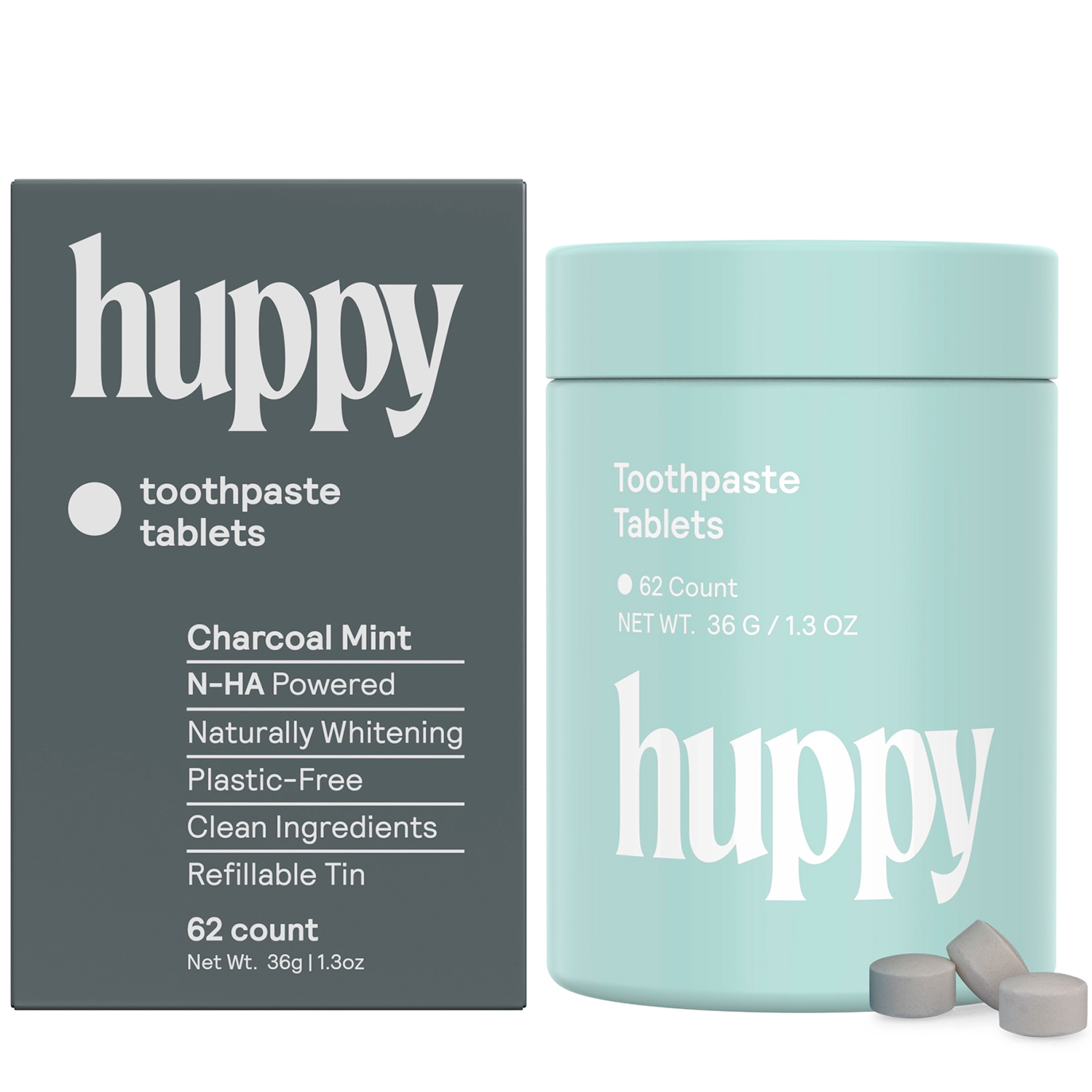 Natürliche Hydroxyapatit Zahnpasta-Tabletten HUPPY Xylitol Charcoal Dose 62 Stk.