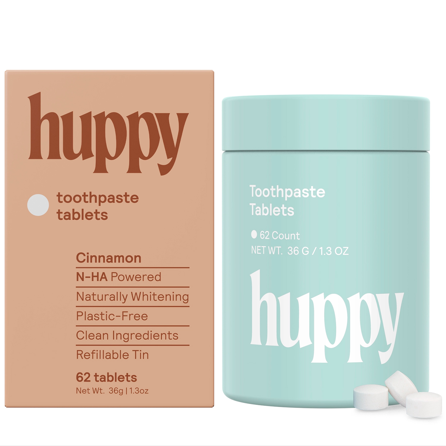 Natürliche Xylitol-Zahnpasta-Tabletten HUPPY Hydroxylapatit- Cinnamon Dose 62 Stk.