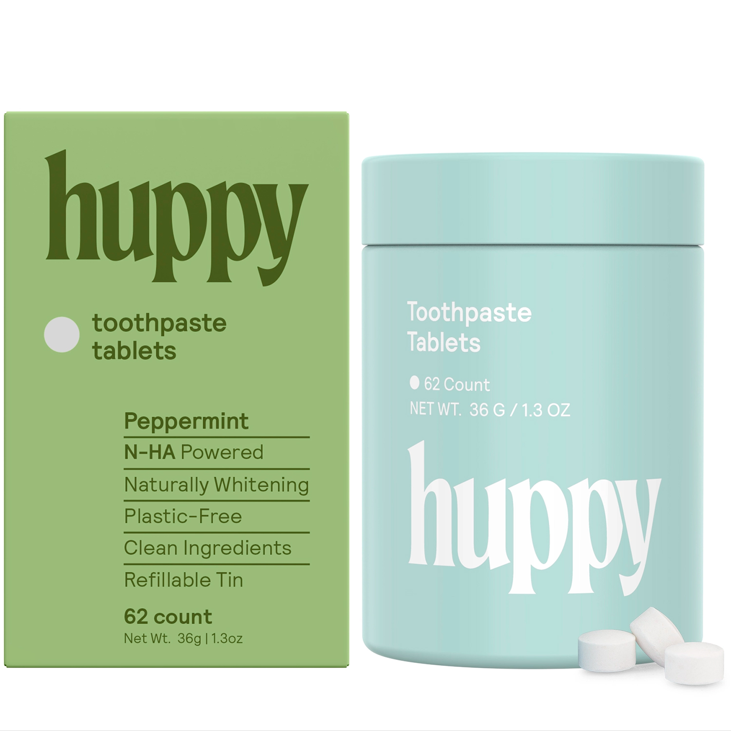 Natürliche Hydroxyapatite Zahnpasta-Tabletten HUPPY Xylitol Peppermint Dose 62 Stk.