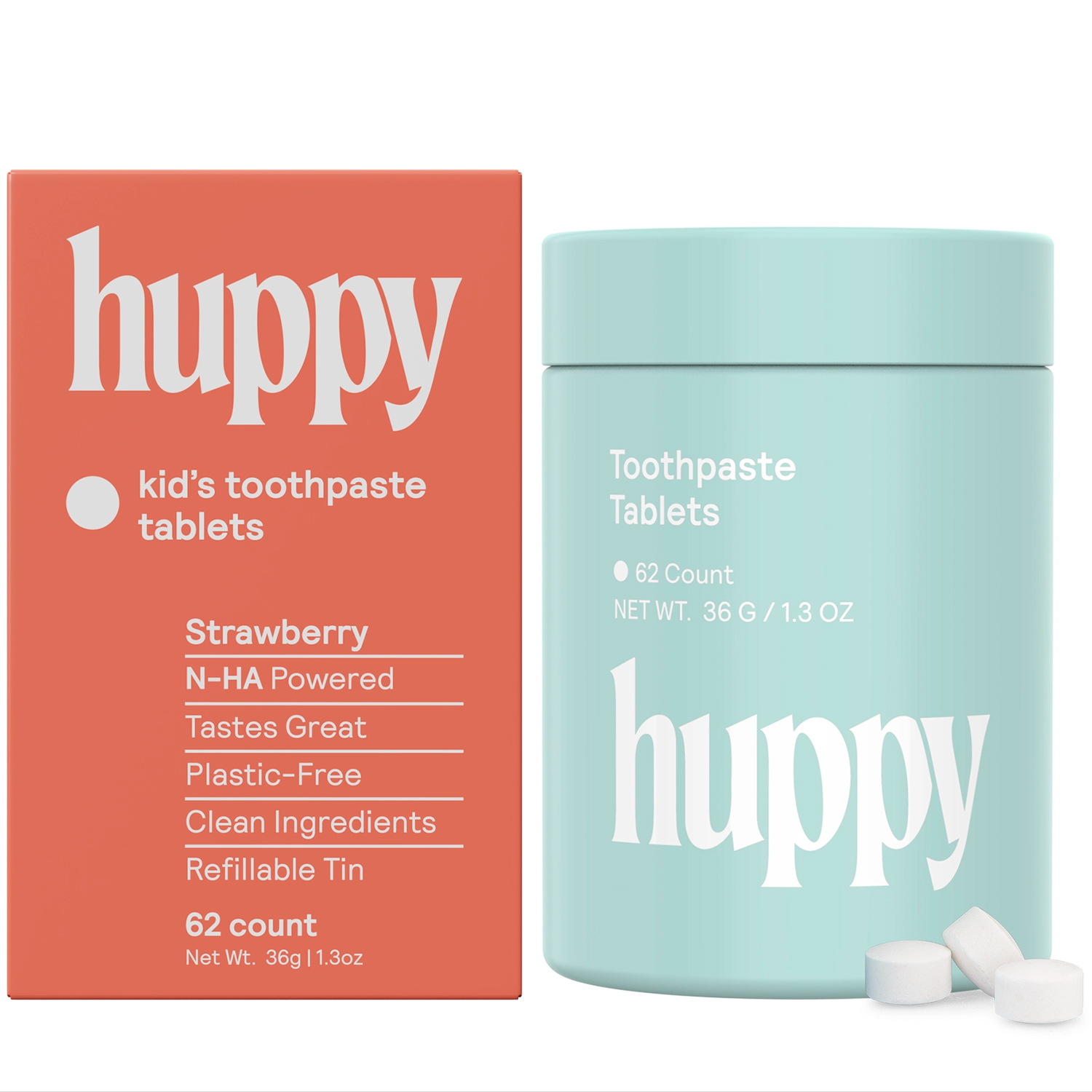 Natürliche Hydroxyapatit Zahnpasta-Tabletten HUPPY Xylitol Watermelon & Strawberry Dose 62 Stk.