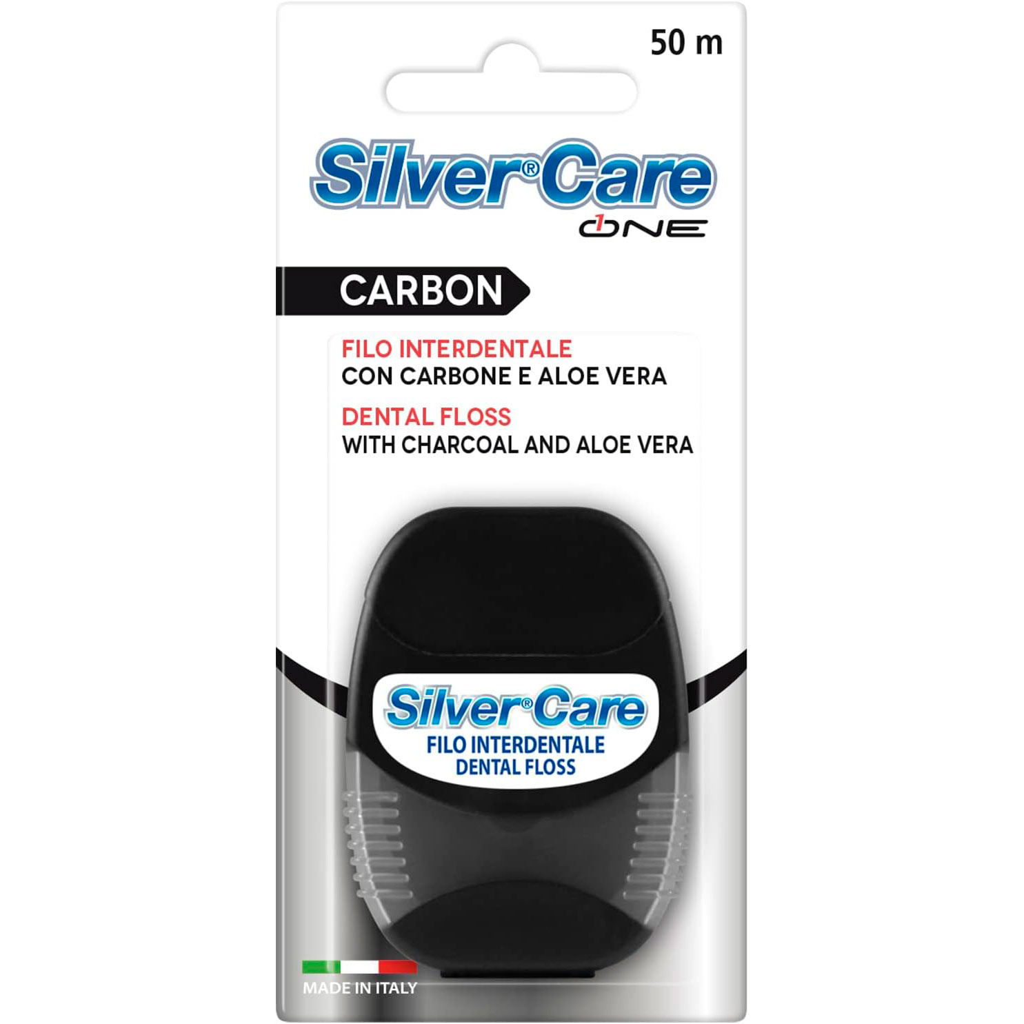 Aktivkohle-Zahnseide SILVERCARE One Carbon & Aloe Vera 50 mtr.