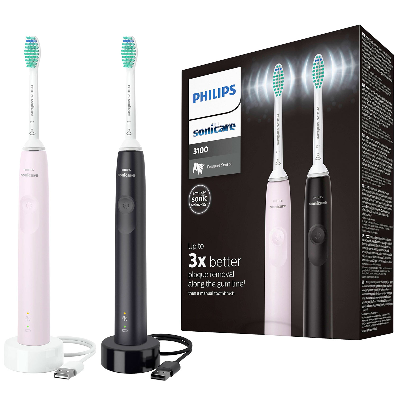 Philips Sonicare DUO 2 Stk. Elektrische Zahnbürsten Black + Pink 3100 DailyClean