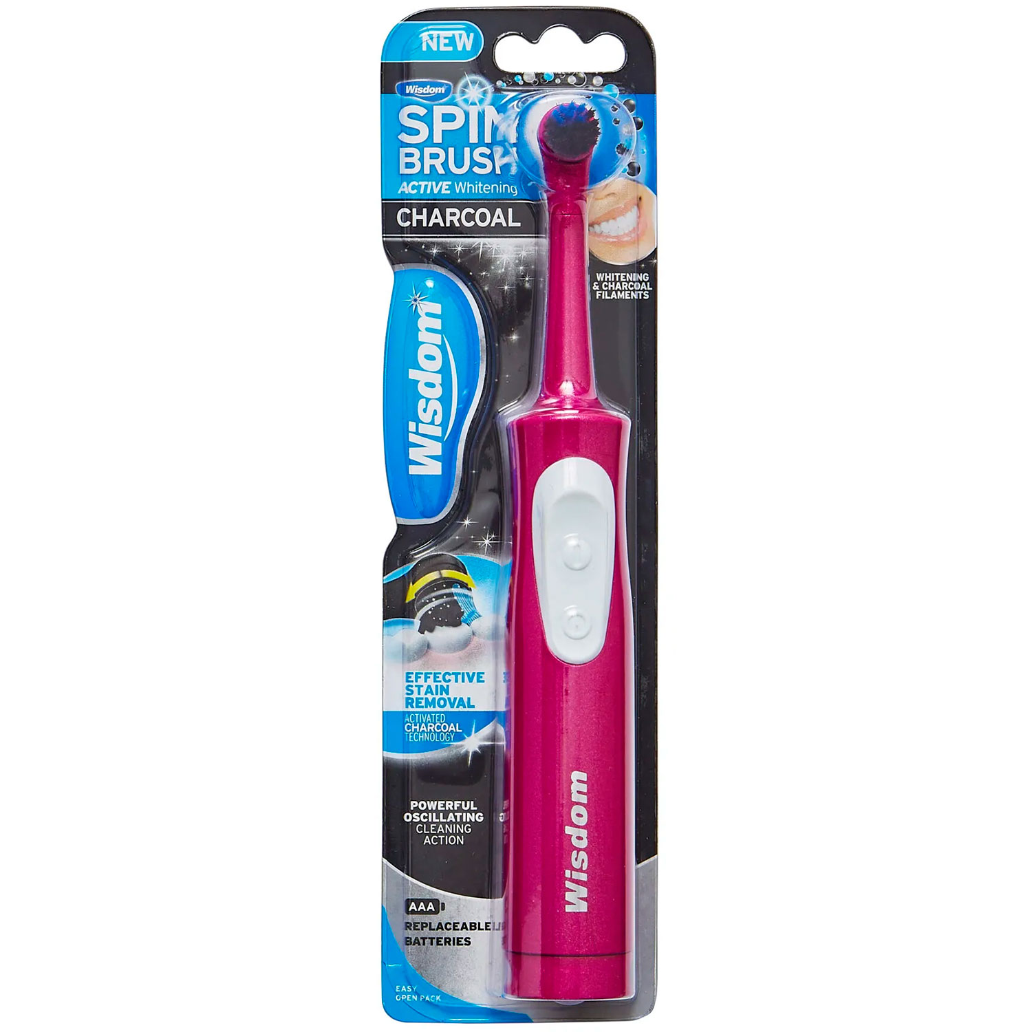 Batteriezahnbürste WISDOM Spin Brush Whitening Charcoal Elektro-Zahnbürste PINK