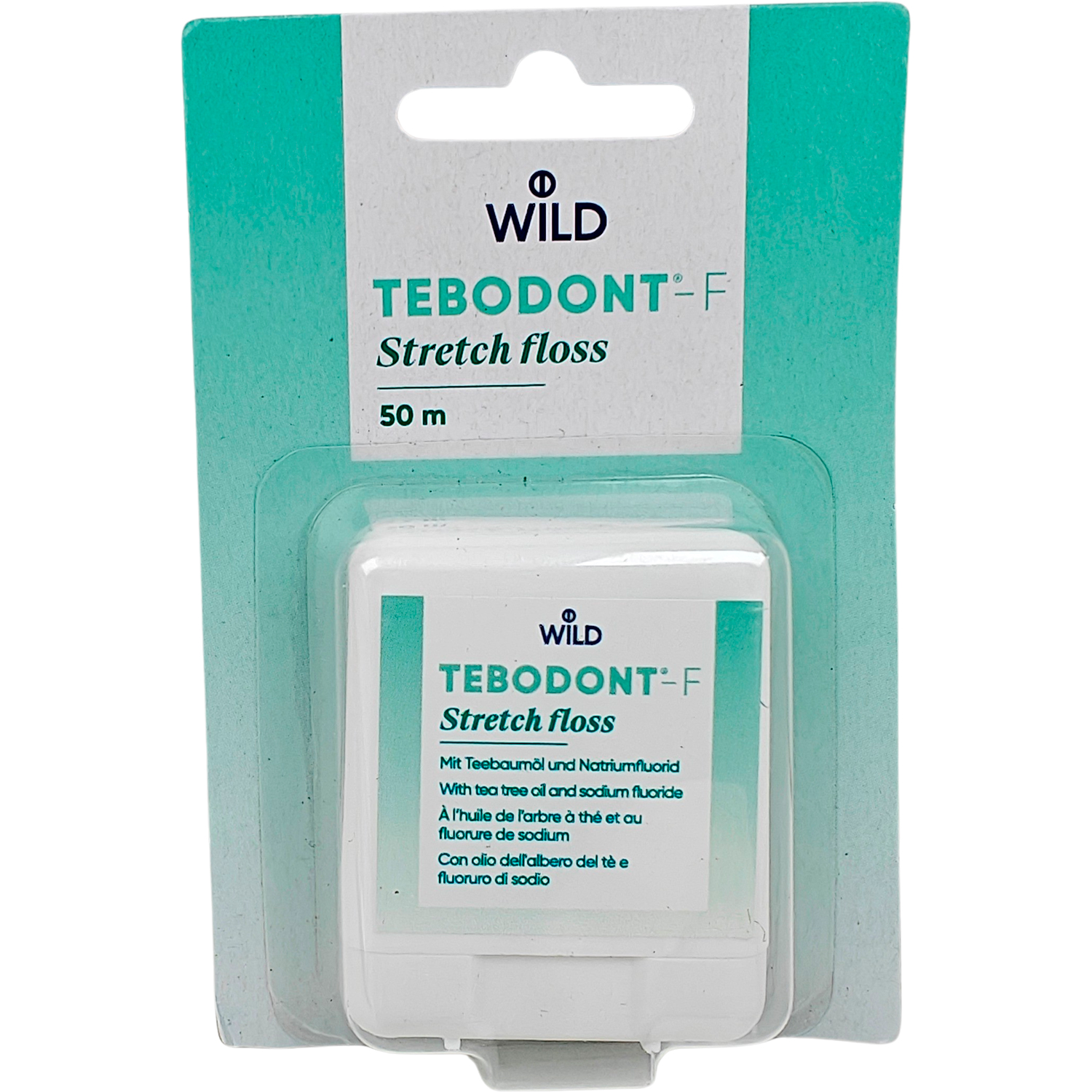 Premium Zahnseide mit Tea Tree Oil & Fluor WILD TEBODONT-F Stretch Floss 50 mtr.