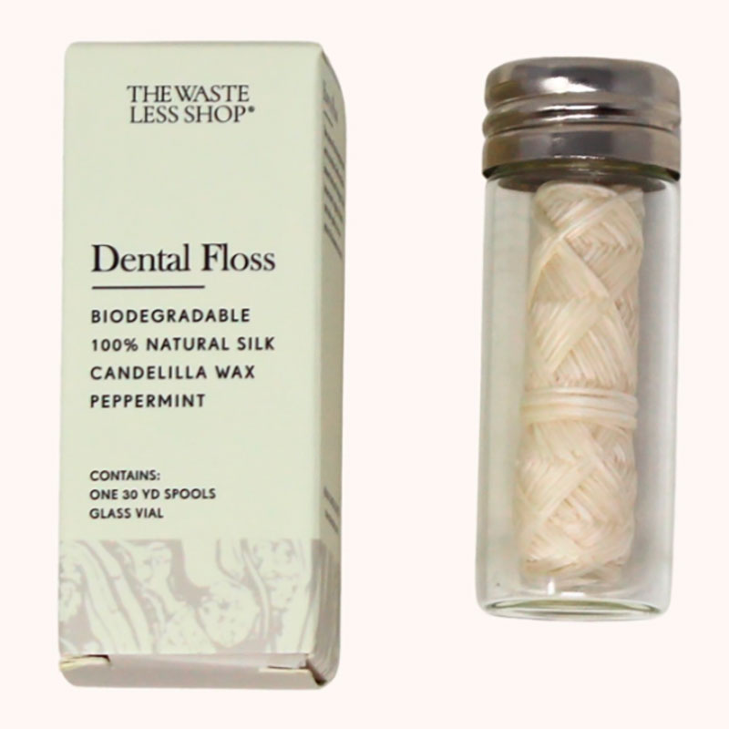 Naturlig Silke Tandtråd THE WASTE LESS SHOP 27 mtr. + Glasdispenser