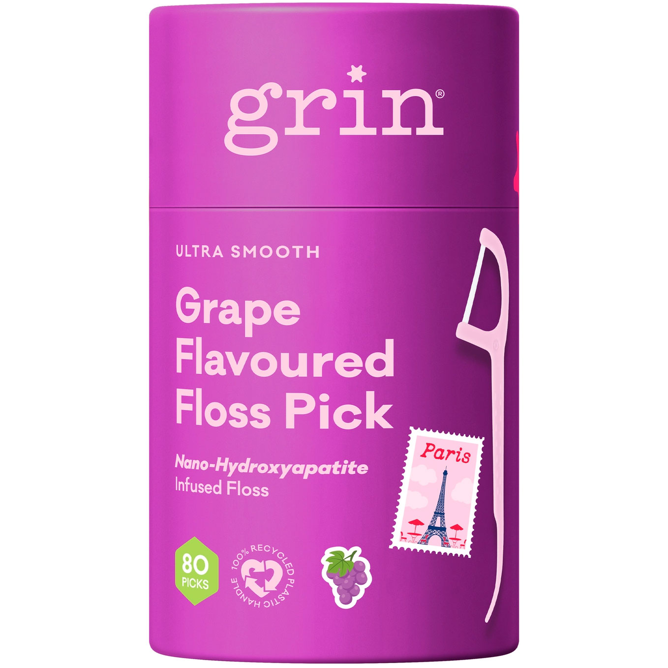 Nachhaltige Zahnseidenbügel 80 Stk. GRIN Grape Flavoured Floss Pick