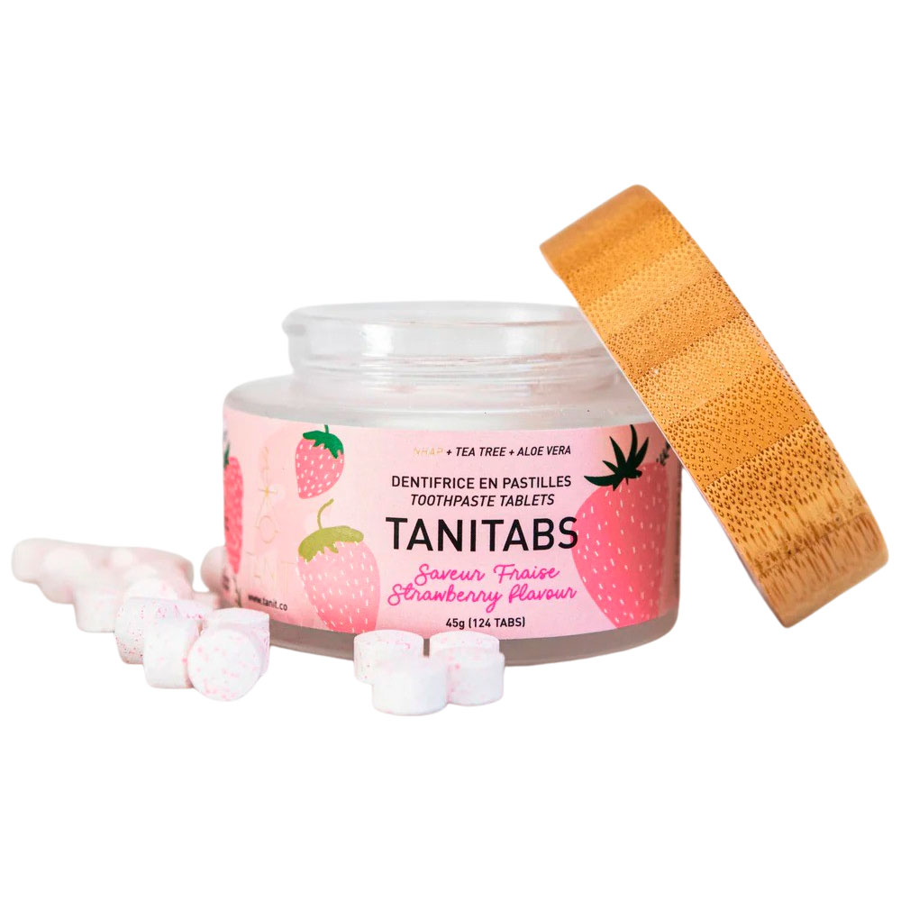 Naturlige Tandpastatabletter med Hydroxyapatit & Xylitol TANITABS Strawberry Reusable Jar 124 stk.