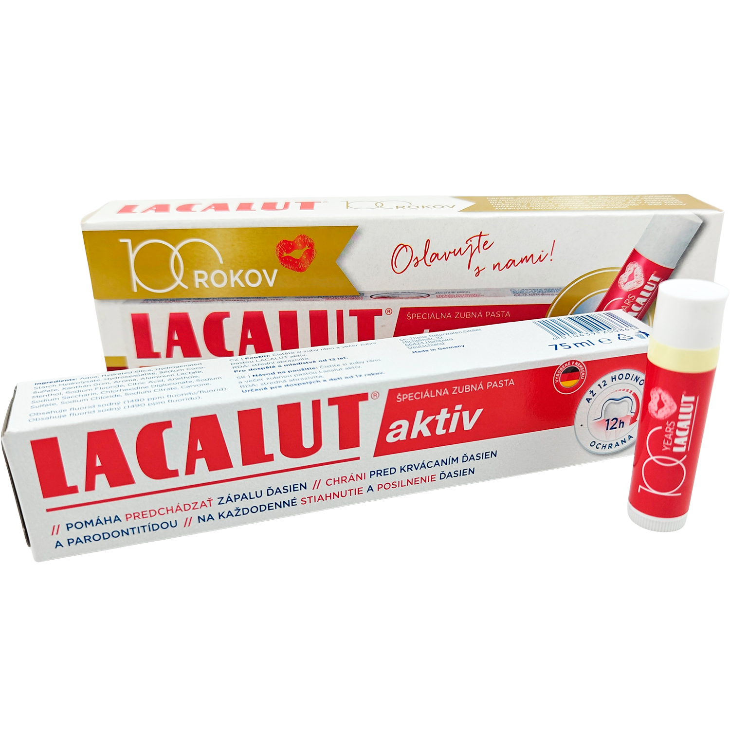 Hydroxyapatit Zahnpasta LACALUT Aktiv mod Paradentose 75 ml + Gratis Læbepomade